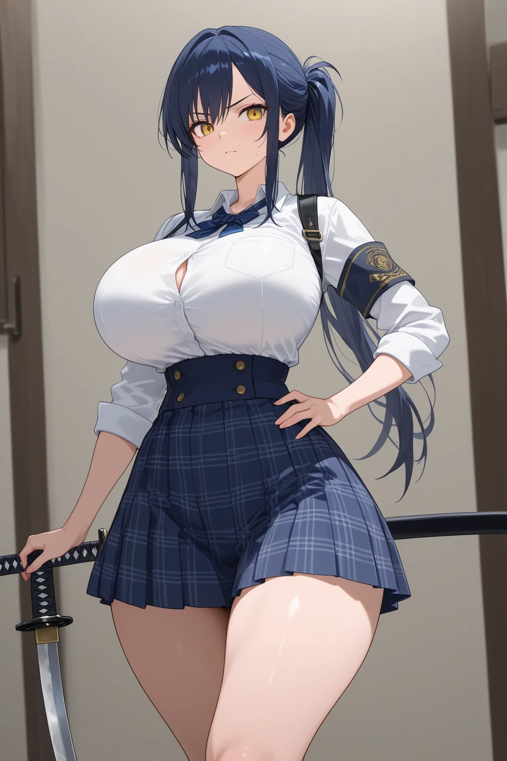 (1girl:1.4),(solo:1.4),(full body:1.4),An exceptionally stunning supermodel standing at 180cm tall,showcasing incredibly ultra long gorgeous legs, ((gigantic sagging breasts, large breasts, gigantic breasts, sagging breasts)),(saggy tits:1.1),(sagging breast:1.1),(huge breasts:1.8),(tiny waist:1.1),(super tall:1.4),perfect hand,good hands,shimohirareika,shimohirareika3D,sexy pose,gravure pose,sweat,close up,arm up,arm at behind back,dof,sharp focus, hoshimachisuisei, suisei hoshimachi, blue eyes, blue hair, choker, hair between eyes, medium hair, side ponytail, star choker, (photorealisic:1.4),Best Quality,Masterpiece,Highest resolution,Raw Photo,intricated nipple detail,Realistic Skin Detail,
BREAK (shirt, long sleeves, dress, ribbon, , white shirt, collared shirt, belt, neck ribbon, blue dress, green ribbon, pleated dress, grey dress, two-tone dress, blue belt, lycoris uniform, leather jacket, backpack, ax:2.0), (clothed:1.5)
BREAK looking at viewer,