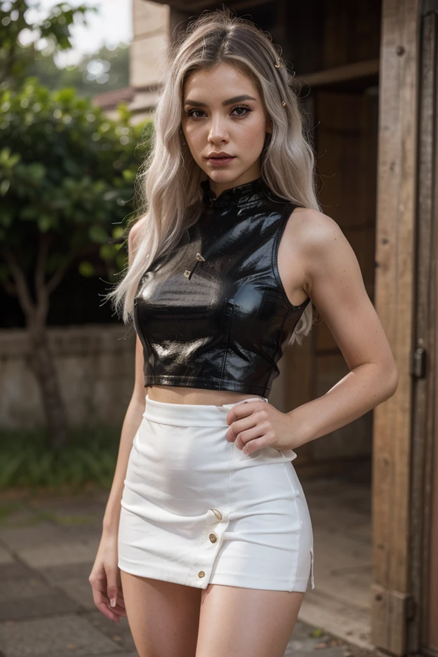 (beautiful micro girl:1.3),(future park at morning:1.4),( big :1.4) ,,(messy short glossy platinum blond hair:1.3),(bangs:1.2)
(smile :1.2),(beautiful body:1.5),(silver skirt  :1.4),(black  big T-shirt:1.5),(big hip:1.3),(red lip:1.1),(high waist:1.3)