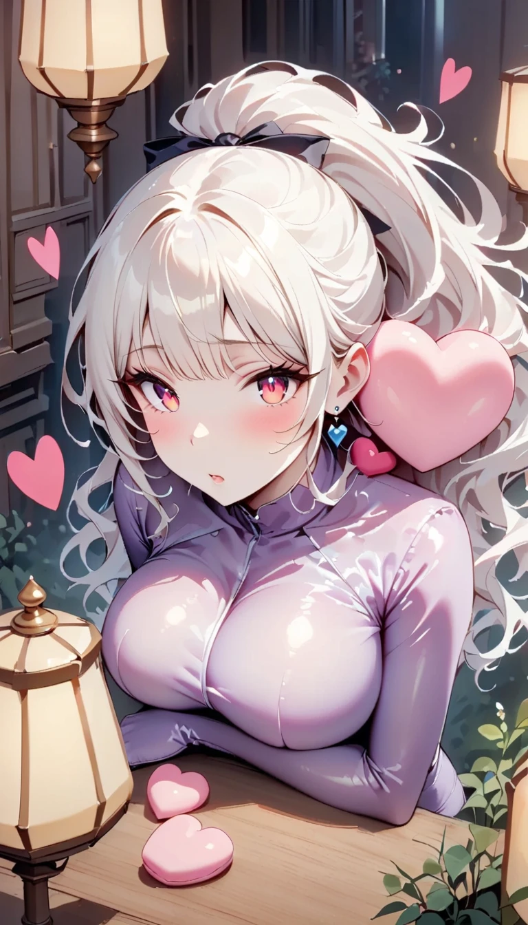 ((ultra quality)), ((masterpiece)), ((Angelic beauty woman)), ((long white curly hair)), ((White hair)), ((White hair)), ((curly hair)),  (beautiful face), (beautiful female lips), Enchanting ((Sweet facial expression)), looks at the camera with a slight smile, (White skin color), (White skin), glow on the body, ((detailed eyes)), ((violet eyes)), (juicy female lips), (dark eyeliner), (beautiful female hands), ((thick body)), ideal female body, ((pink dress with hearts)), beautiful waist, beautiful big hips, big breasts, thick thighs, ((Subtle and beautiful)) (), ((depth of field)), ((high quality clear image)), (delete details), ((High detail)), ((clear focus))