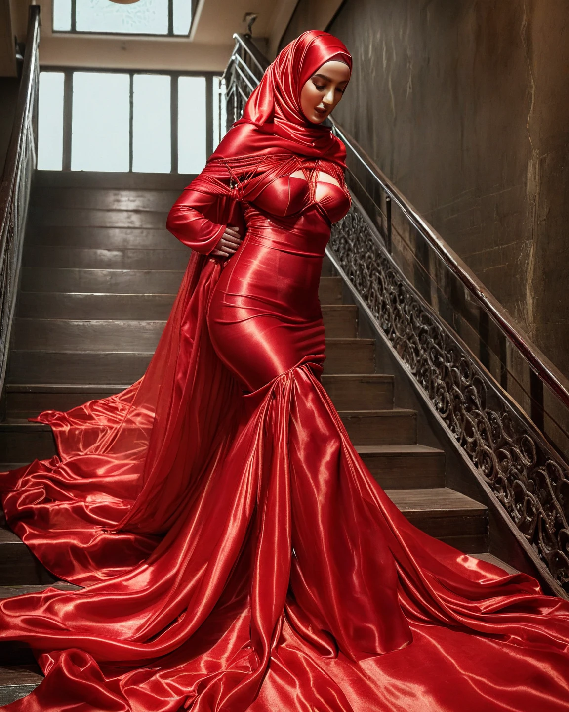 a malay woman in the translucent red gown, tight full body tied, satin sheet, nipple on with nipple piercing, wearing translucent veils, eyes blinded with red satin fabric, satin hijab, full body, long satin,mermaid tight long gown, flowy dramatic long gown, tall women, walk in lobby, strugle to walk, wear high heels, satin bed cover, masterpice, hyper reallistic, perfect lightning.