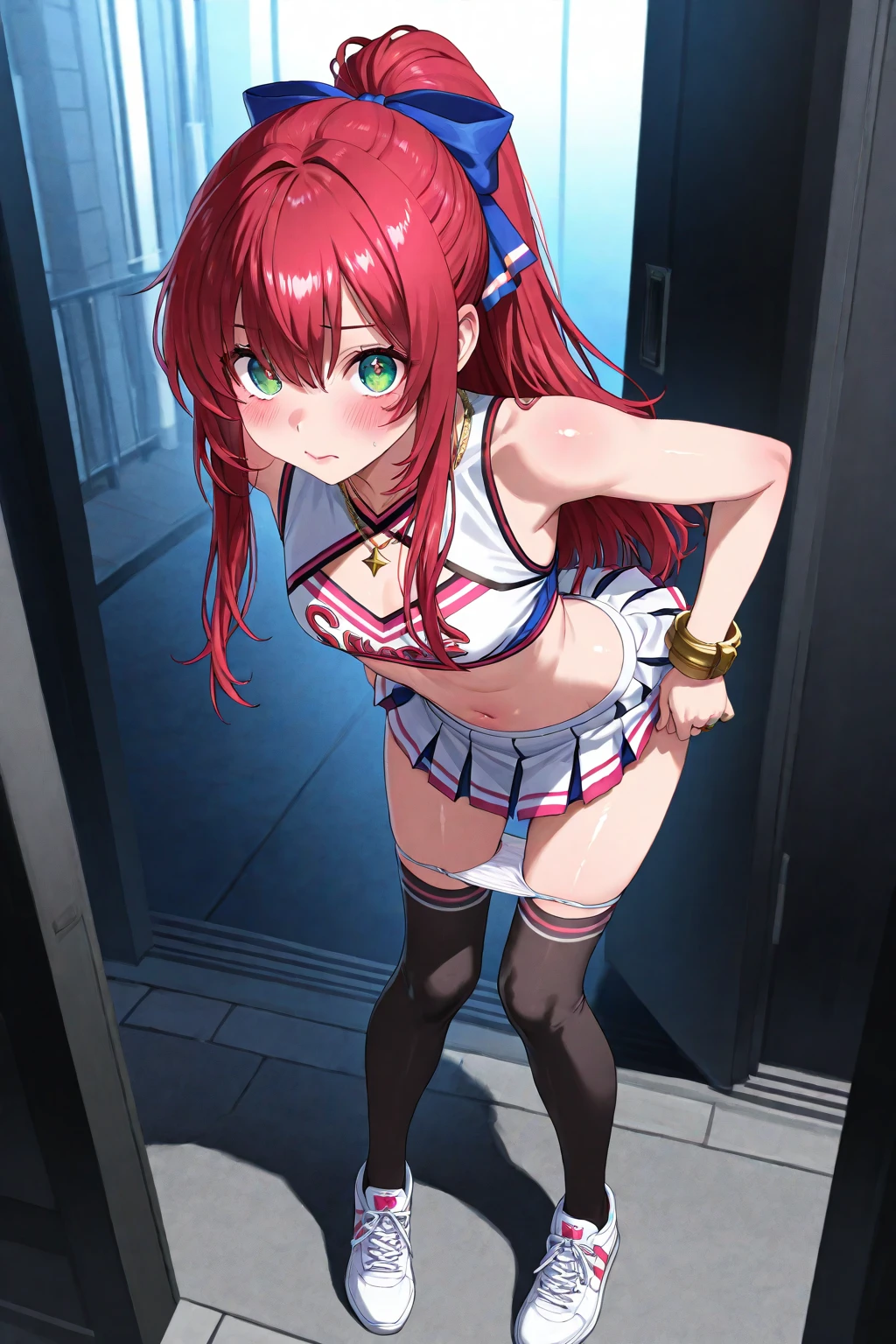 masterpiece, highest quality, Very detailed, Best illustrations, One girl is skinny, whole body, alone, release,  Long Hair,  Redhead, Pink Hair, Pink Eyes, Red eyes, View your viewers, smile, gentlemen、I lost, Unbuttoned shirt、Blue bra, Small breasts,  Long sleeve, Blue Skirt, ,Pleated skirt, Thin and tall, Long, slender legs, Unbuttoned shirt、Blue bra,