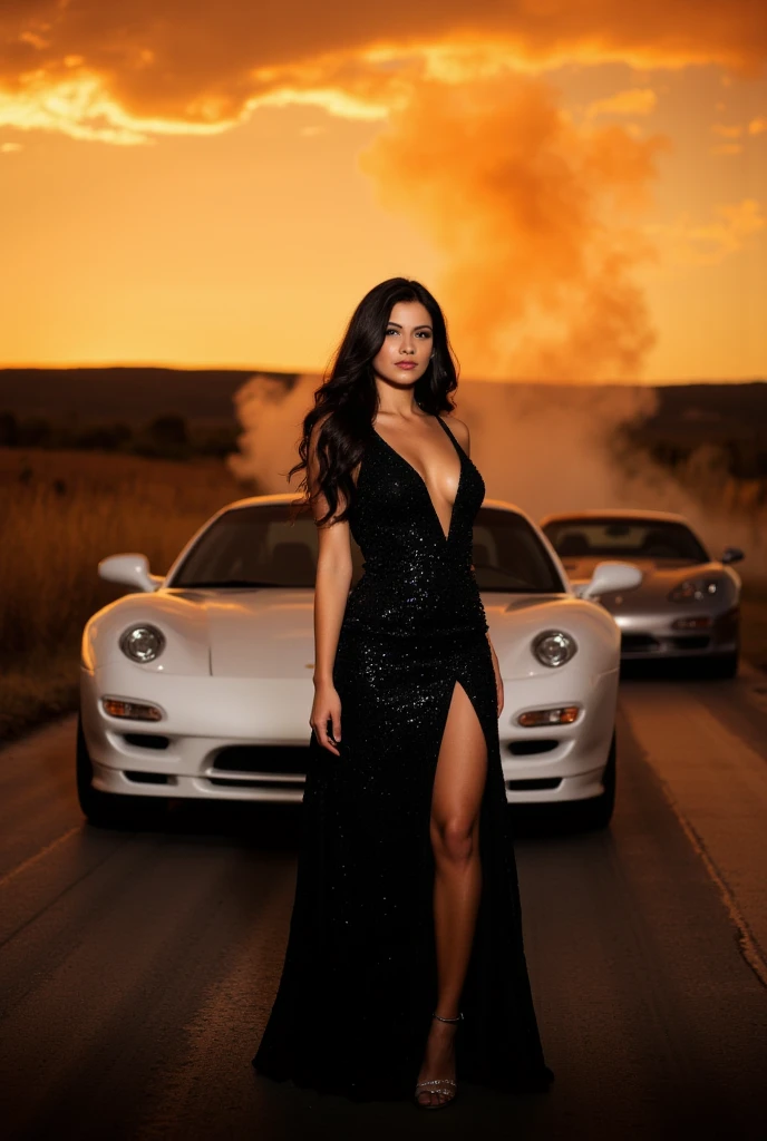 A millionaire smiling next to a luxury sports car, com o sol se pondo ao fundo.