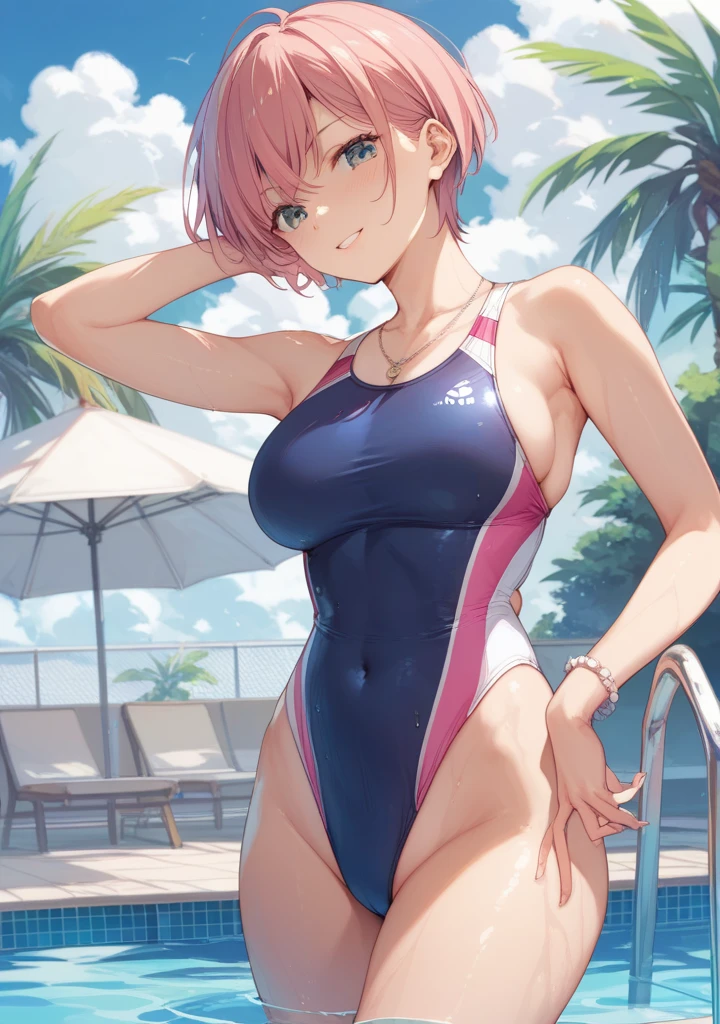 masterpiece、highest quality、Very detailed、Photograph the upper body、1 female、(Put your arms behind your back:1.4)、Are standing、Turn your body forward、View your viewers、(school swimsuit)、break,blush、shy、Pink Hair、Open your mouth、Sandy Beach、Big Breasts、