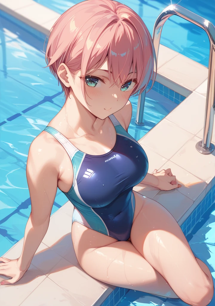 pieces fly、masterpiece、highest quality、Super detailed、High resolution、High resolution、8K portrait、Unity 8k壁紙のHigh resolutionCG、unity 8k wallpaper、cute:1.5、slender body:1.5、Highly detailed CG unity 8k wallpaper、realistic、real person、cute、 portrait photography、shiny skin、High resolution、pink hair short hair、(16 years old:1.2)、(1 girl)、(school poolside:1.6)、perfect face, seriously, (blush:1.5),(midium breasts:0.8),(navy blue school swimsuit:1.5),((Orgasm in the vagina:1.5)),((crossed arm:1.3))