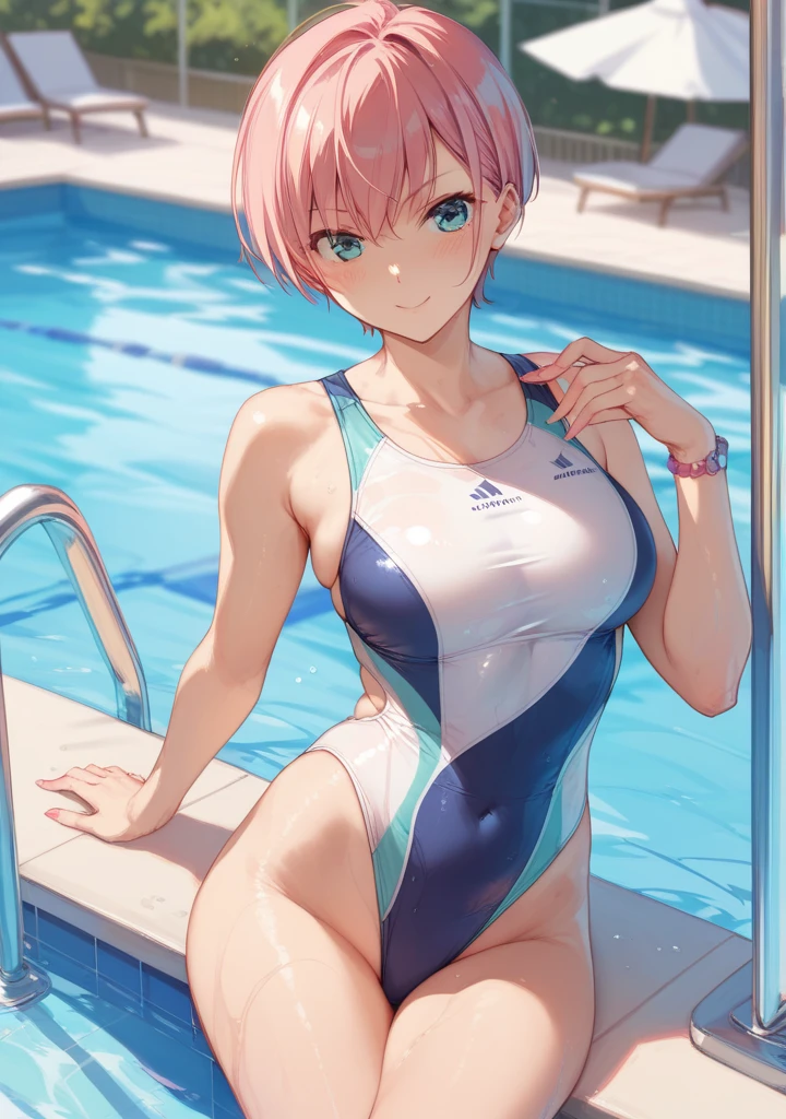 pieces fly、masterpiece、highest quality、Super detailed、High resolution、High resolution、8K portrait、Unity 8k壁紙のHigh resolutionCG、unity 8k wallpaper、cute:1.5、slender body:1.5、Highly detailed CG unity 8k wallpaper、realistic、real person、cute、 portrait photography、shiny skin、High resolution、pink hair short hair、(16 years old:1.2)、(1 girl)、(school poolside:1.6)、perfect face, seriously, (blush:1.5),(midium breasts:0.8),(navy blue school swimsuit:1.5),((Orgasm in the vagina:1.5)),((hand behind back:1.3))