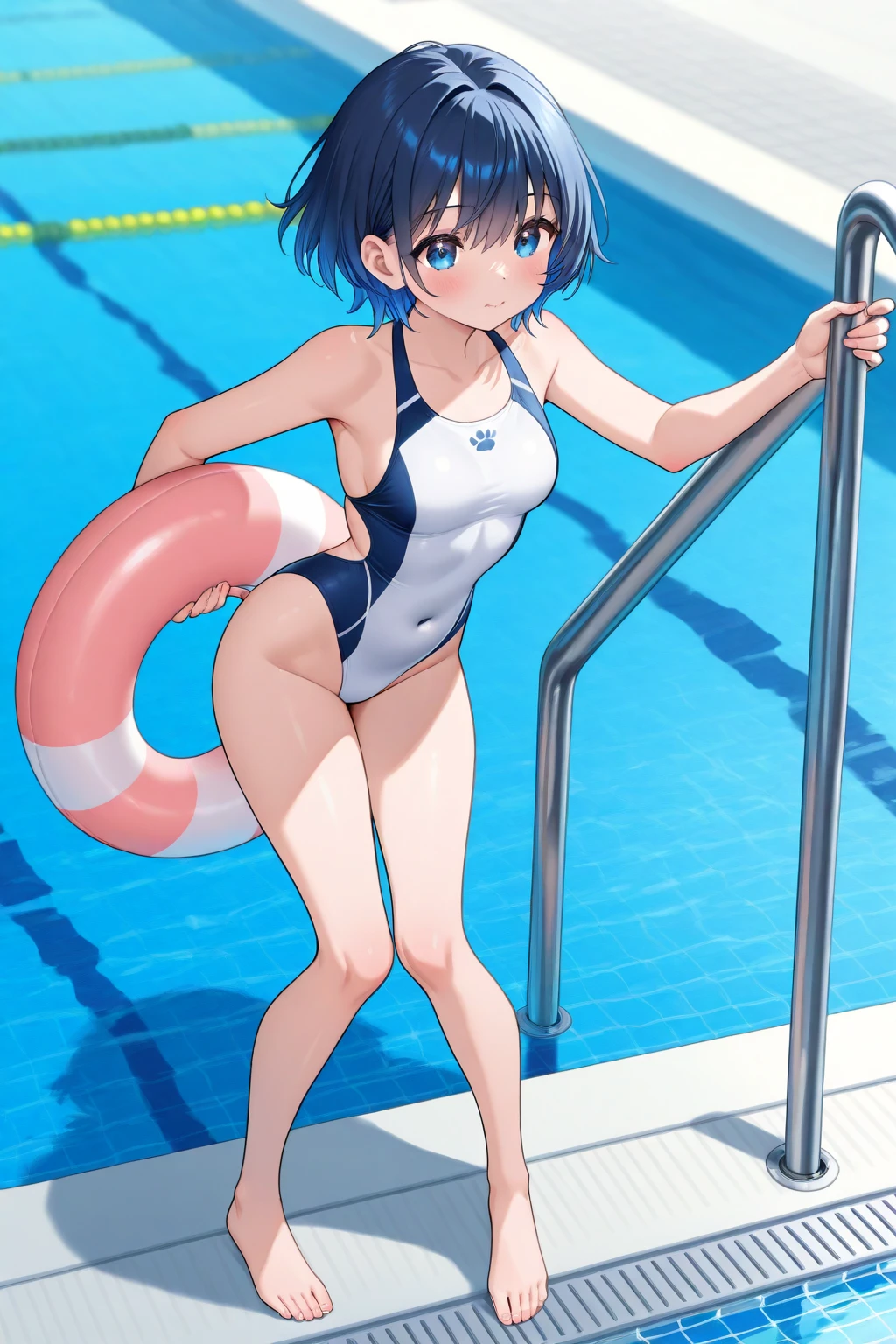 Anime boy in swimsuit standing in pool, wearing a swimming wear, Swimsuit, Makoto, garments:High-cut swimwear, !!Full body portrait!!, marin kitagawa fanart, Boy in black and red tanksuit, Male protagonist, in a pool, Full body!,  overwatch tracer