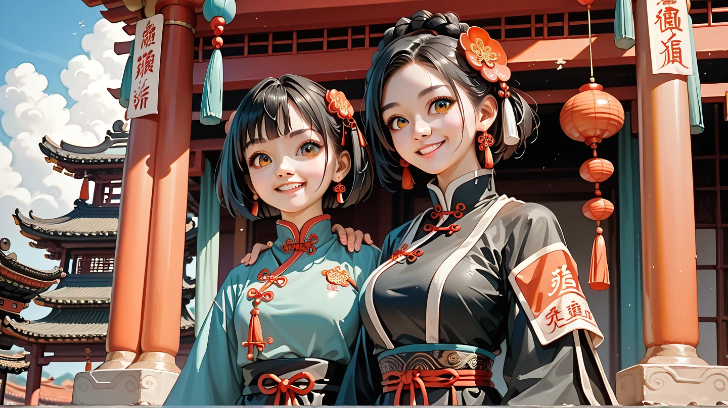 Cute baby chibi anime, blue and black hanfu, walking in the market, smiling, many people