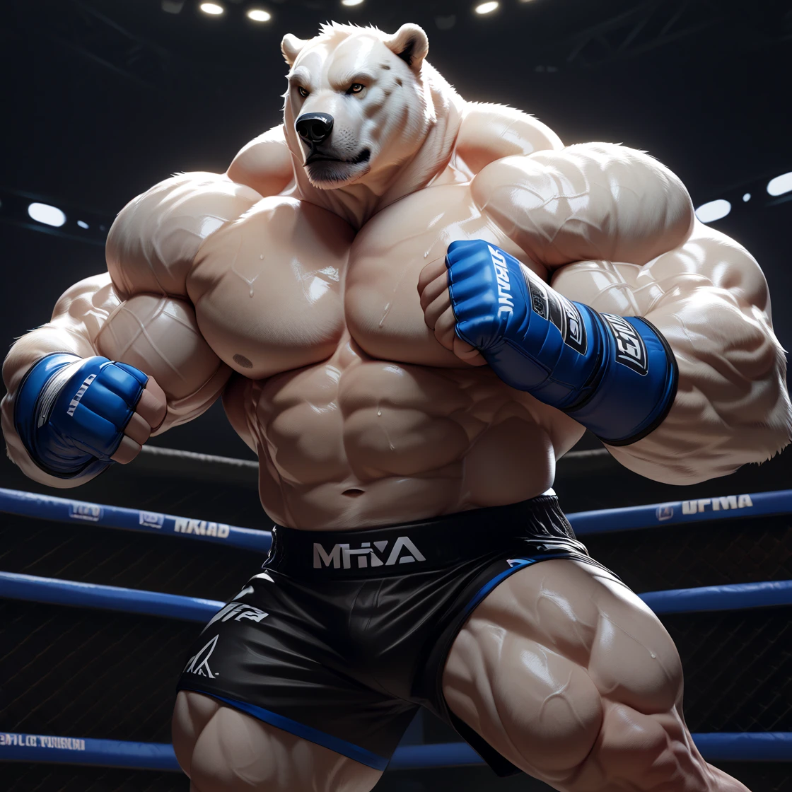 Muscular Polar Bear、Polar bear fur、All fours pose、Knee on the ground pose、Very huge muscles、Profile of face、Side view、Extremely large bulging crotch underwear、Lots of pubic hair、Very long armpit hair、Thick chest hair、Composition looking up from diagonally below、Roaring Polar Bear、Concrete Background、thick torso、very short legs、Hairless head、Upward facing face、Nipple piercing