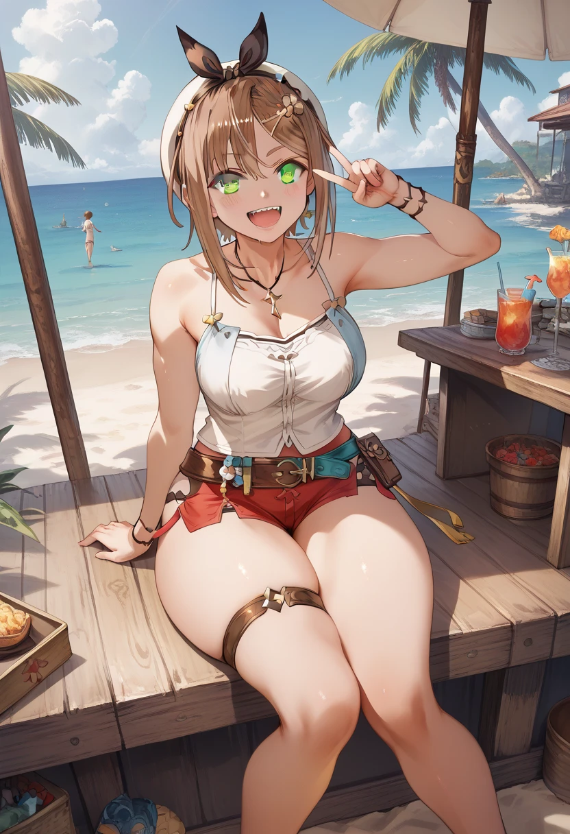 masterpiece, best quality, <lora:zelda:0.4>, zelda\(princess\), 1girl, solo, breasts, short_hair, full body, blue bikini, side-tie bikini bottom, beach, sitting on bench, looking at viewer, bubble tea challenge, drinking straw, crossed arms, <lora:bubbleTeaChallenge:1.0>