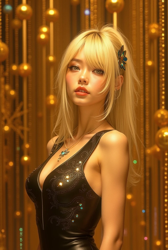 Golden shiny hair、Dazzling blonde, short hair, shiny hair、A very cute and beautiful woman、Shiny hair dancing in front of a pretty face、Long, silky bangs that cover the eyes、Large bright pale blue eyes、Hair that hides the face、Sexy pretty young woman with super long bangs、Very white beautiful skin、Oily blush and shiny skin、Small Face Beauty,jeans,v-neck ,aquarium,
