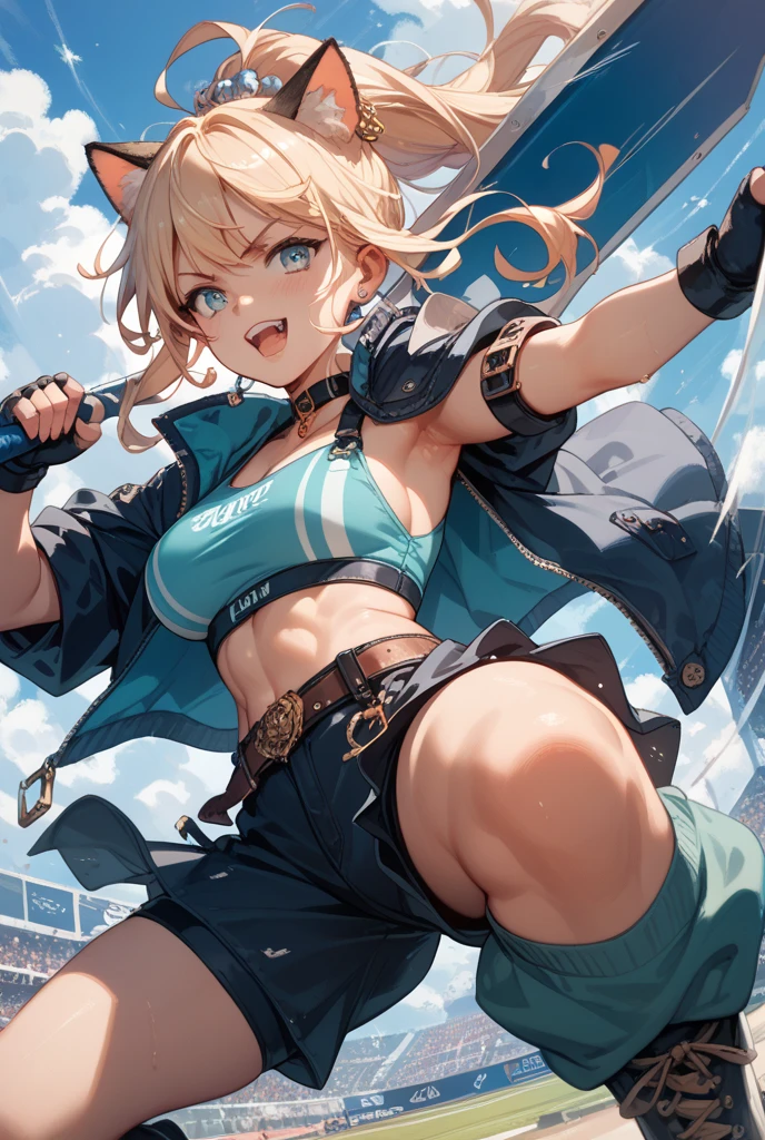 Anime style, super fine illustration, highly detailed, beautiful detailed, pale tone image, static representation, gentle expression, 8k, pretty 1girl with blonde straight short hair & blue eyes & a bright smile & huge breasts & soft fair skin is wearing the black skportswear & sportshorts & sportsjaket in the park, in the morning, in the brilliant particles of lights, romantic stories, solo, perfect 5fingers, perfect arms, perfect legs, masterpiece.