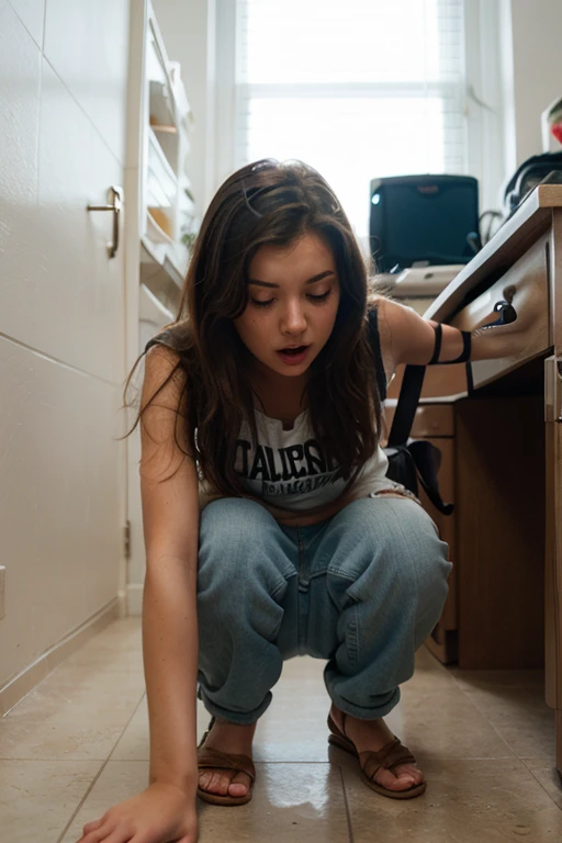 35mm, Fuji Superia 1600, ISO-6400, f/5.6, 1/30, a technicolor photograph of a teenage girl sitting on the floor of an abandoned apartment hallway. she has short dark blonde hair, brown eyes and red lipstick. she is wearing an old dark green cotton sweater with thick black stripes, jeans shorts and black shoes. she has a relaxed stance, admiring the view.