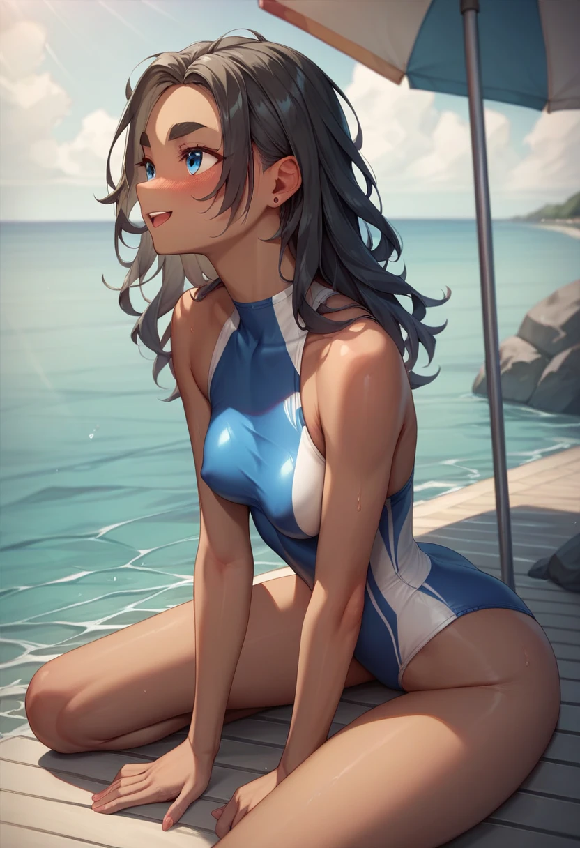 masterpiece, best quality, super detail, illustration, girl alone, sunbathing, beach, perspective, light, color, texture, detail, beauty, blue competitive swimsuit, beautiful, brown hair, (horse ears on head), ponytail, tail growing from the buttocks, long hair, shy sideways, choker, swimsuit bordered with gold, tail growing