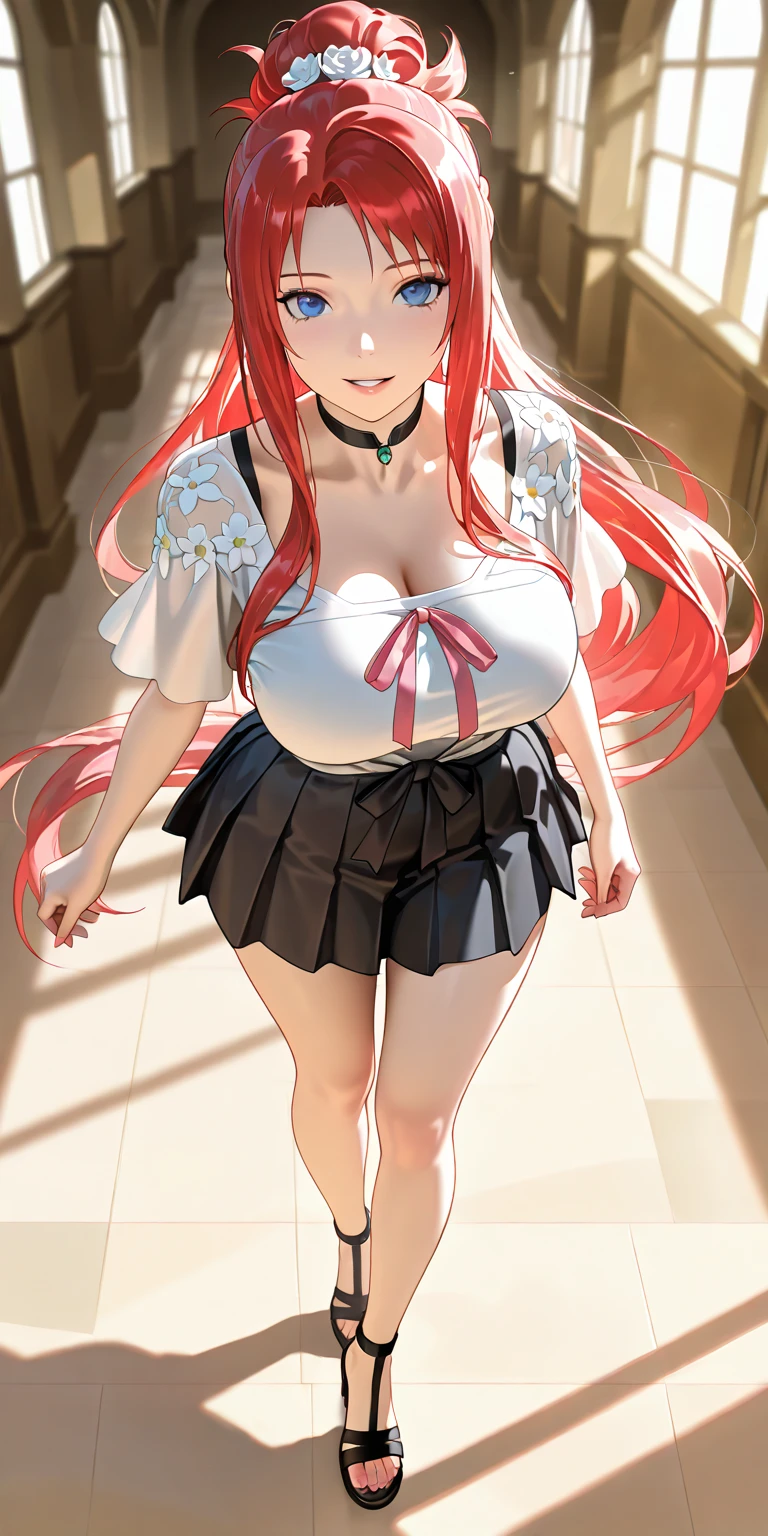 Masterpiece artwork, best qualityer, highres, 1girl, sexly, sensuous, big-ass, big boobies,Red hair, long hair, multicolored hair, Eyes red, jewelly, earrings, piercing,  Bikini, black choker, plaid hip skirt, ssmile, ssmile, standingn, tiro de cowboy, plein-air,