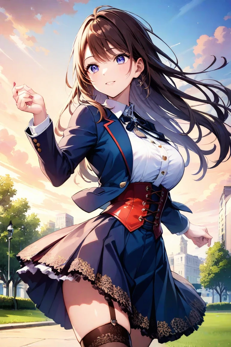 (16K,Ultra-high resolution,Highest quality,masterpiece,Super detailed,Very vivid CG),A beautiful girl with dark eyes from the future,Straight brown hair,Superpowers,Anatomically correct body,Perfect Shadow,Highly detailed facial features, Beautiful and perfect face, Perfect Eyes,He takes out a gold pocket watch from his palm.,CG effect of a giant clock in the background,spring evening,Cherry blossoms in full bloom and the full moon,Light only by moonlight,Cherry blossom petals fluttering,Brown tight skirt,Purple tie,Smiling at the audience,Shoulder-length twin tails,Wear a large black coat for men,Floating in the air using psychic powers