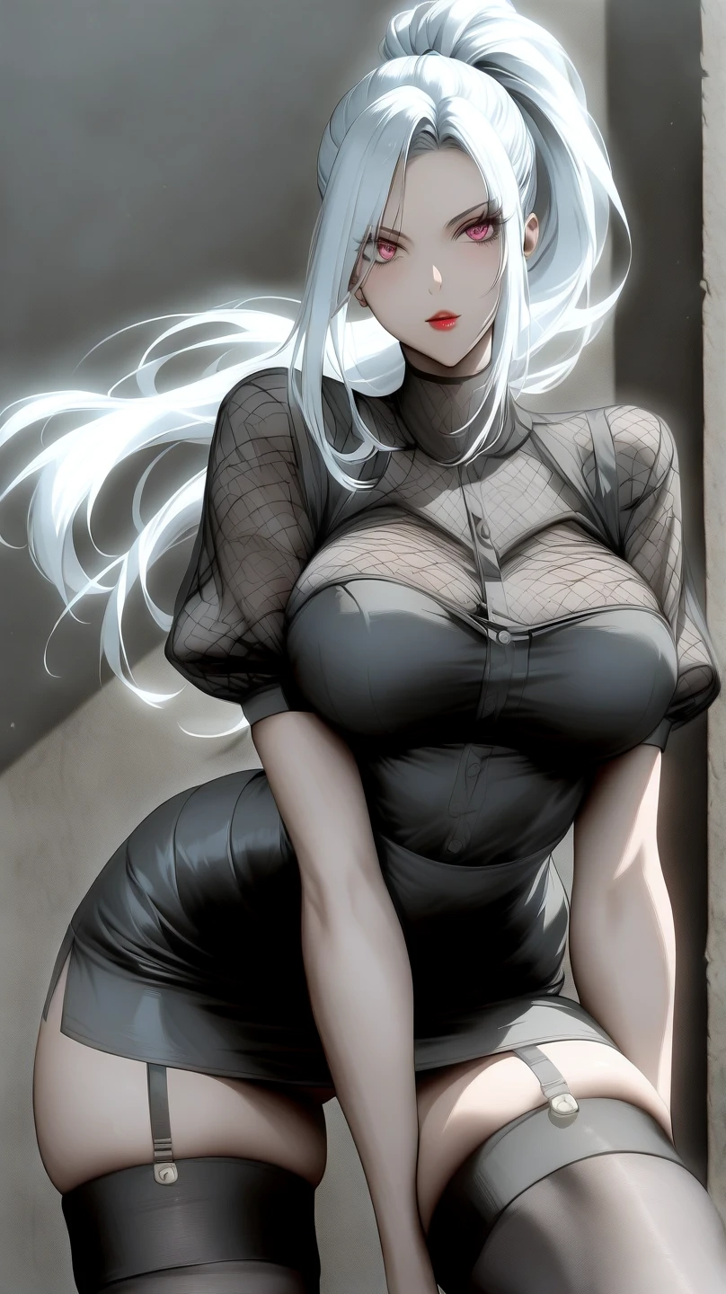 Anime girl in bodysuit latex wearing, white hair, long hair, long sidelocks hair, cat ears, white cat ears, hairband, ribbon hairband, black hairband, detached sleeves, white sleeves, revealing clothing, side , gigantic breasts