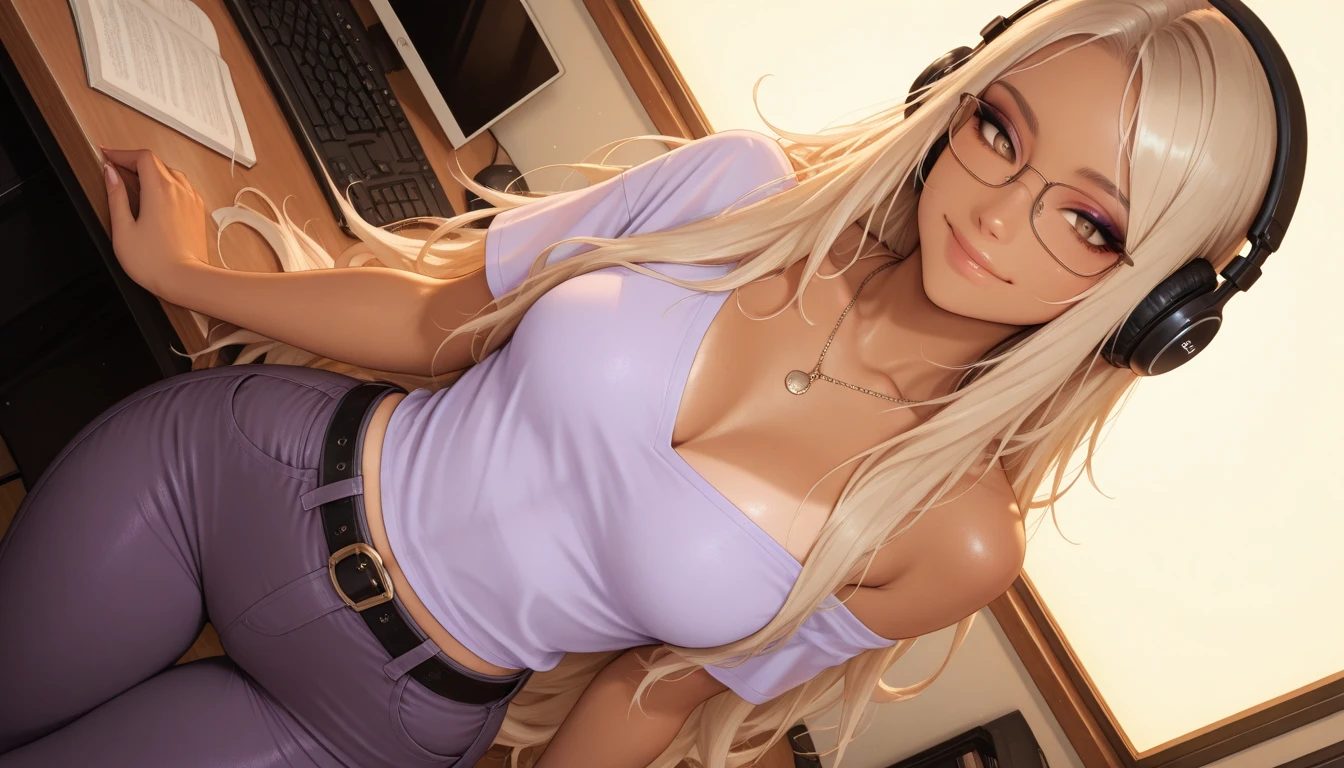 In a cute pastel colored bedroom, an 18 year old blonde long-haired gyaru girl sits in front of a computer. She is wearing a pink frilled blouse and denim short pants. She has a confused expression, tilting her head at an error message on the screen. Plush toys and posters surround her, creating a cute, girly room atmosphere,(Top quality photorealistic masterpiece: 1.4), (Ultra high resolution RAW photo: 1.3), (High resolution symmetrical clear eyes: 1.3), Japanese gal 1 Name, bitch, chick, 18 years old, (deep purple eyeshadow cheeks: 1.3) ), (blonde eyebrows: 1.2), blonde, bitch, red lips, (big cleavage: 1.2),( Bending angle: 1.1),BREAK, (Detailed beautiful background: 1.2)