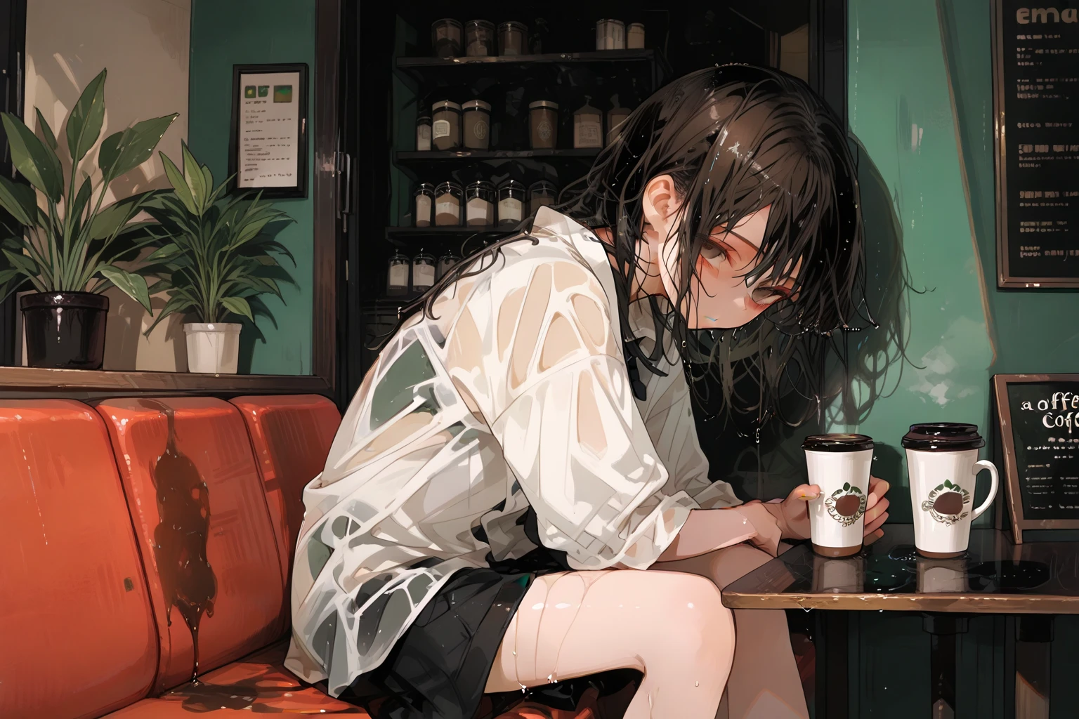 masterpiece, best quality, very aesthetic, absurdres, newest, 1girl, solo, asymmetrical bangs, tareme, young woman, long hair, shirt, black hair, long sleeves, prison, jail, restrained, sitting, closed eyes, glasses, cup, chain, bottle, alcohol
