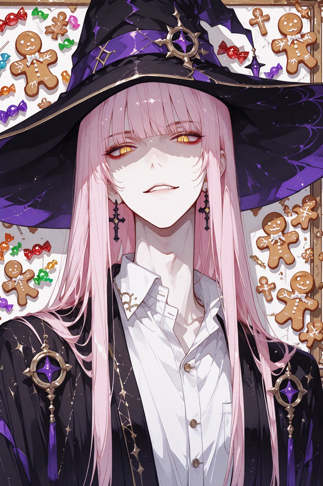 masterpiece, best quality, ultra-detailed, 2D anime, close-up
handsome man, male, 28 years old, slender build, light pink hair and eyes, silky straight hair, blunt bangs, sharp jawline, wearing a large wizard hat and black robe over a stand collar white dress shirt, mysterious and seductive smile, slightly sinister expression, distinctly masculine, confident aura, anime style, bust-up portrait, background of a candy house, gingerbread walls, colorful candies, slightly eerie atmosphere, high quality, highly detailed, vivid colors, 2D illustration, soft shading