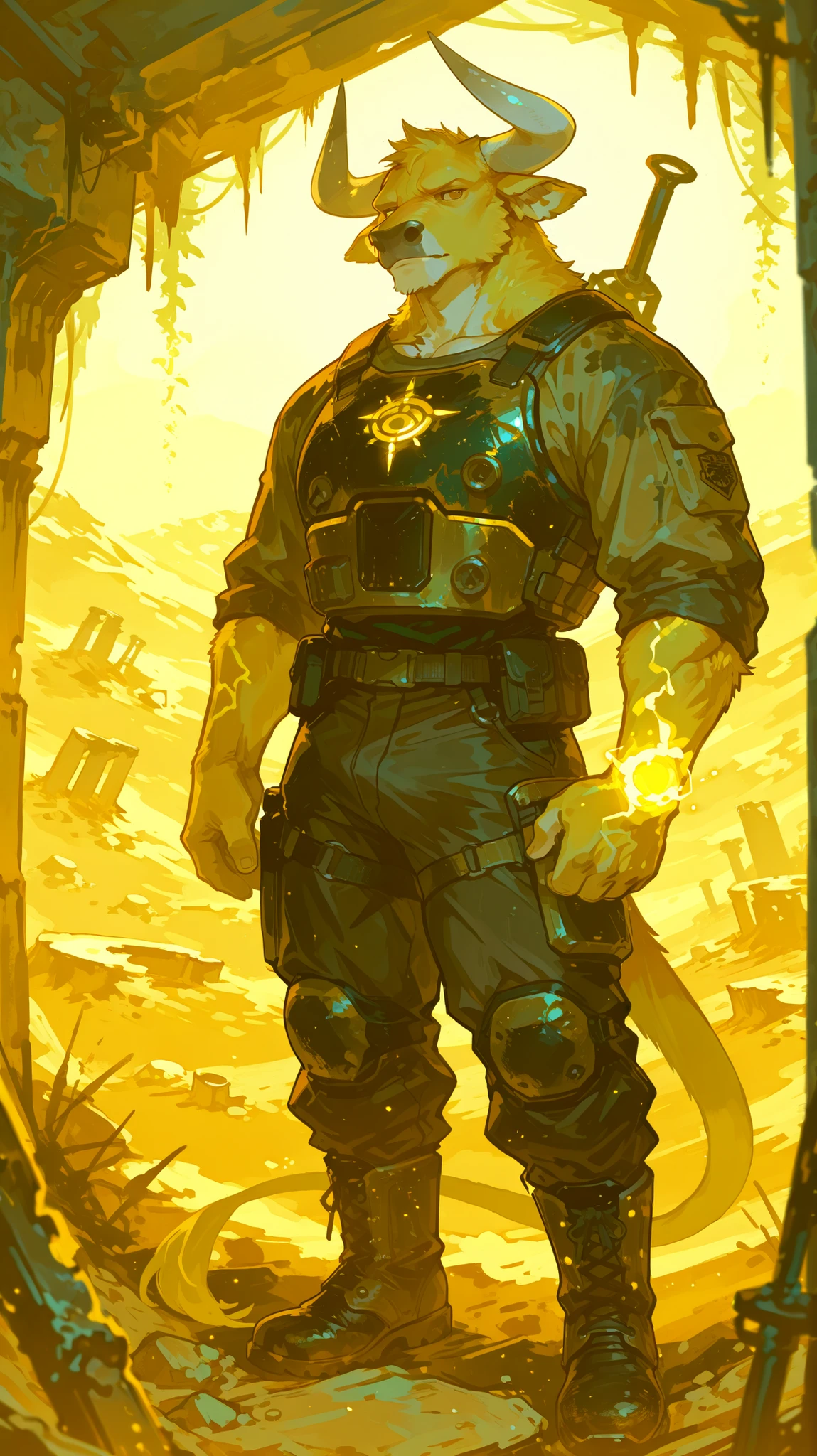 masterpiece, best quality, 8K resolution, HDR, sharp focus, vibrant colors, anime cel-shading style: Semi-realistic anime with detailed furry texture, a minotaur (bull beastman) with towering muscular build, thick short deep-yellow fur glowing healthily under sunlight, polished creamy-white horns, strong jawline set in focused vigilance but with calm brown eyes showing inherent gentleness, standing firmly atop a rubble mound in a post-apocalyptic desert wasteland, one hand raised with palm open as jagged boulders levitate dynamically around his forearm (rock manipulation), wearing distressed but functional dark leather chest armor over an olive canvas shirt, durable tactical pants tucked into steel-toe boots, background features decaying urban ruins overgrown with radioactive vines, distant fortified military base with glowing energy barriers and armed patrols on high walls, volumetric golden hour sunlight cutting through dusty atmosphere, cinematic depth of field.