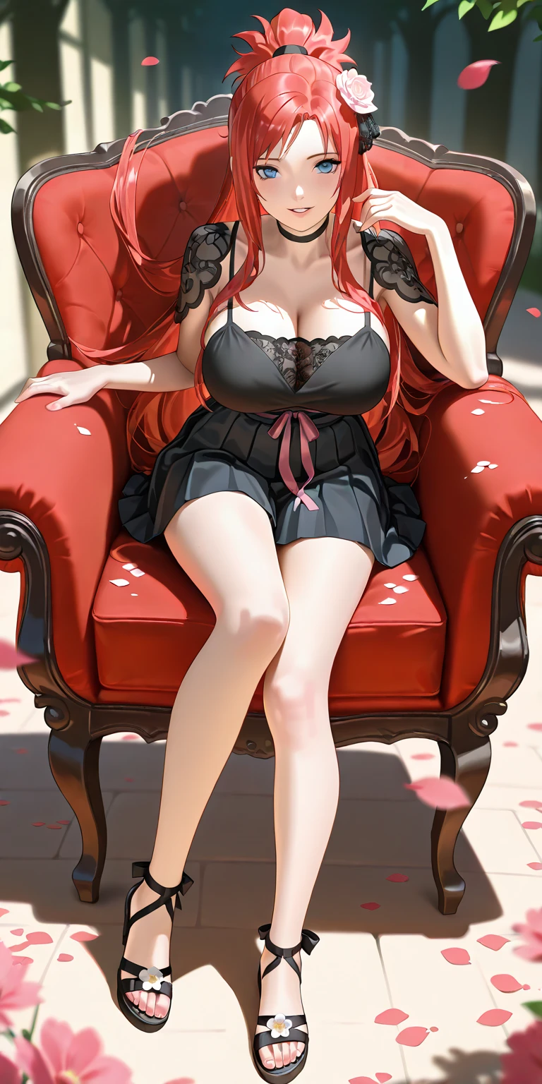 anime, beautiful face, highly detailed face, 2 accurate legs detailed eyes, highly detailed background, perfect lighting, accurate arms, accurate hands, accurate fingers, full body, 1girl, solo, ruby hoshino, oshi no ko, indoors, detailed heels, white detailed thighhighs, outdoor, ina garden of flowers, absurdres, high res, ultrasharp, 8K, masterpiece, looking at viewer, elegant pose, (full body:1.4), smiling with compassion, teasing smile, detailed dress, patterned wedding dress, cleavage, sitting down on a chair, holding breast with both hands