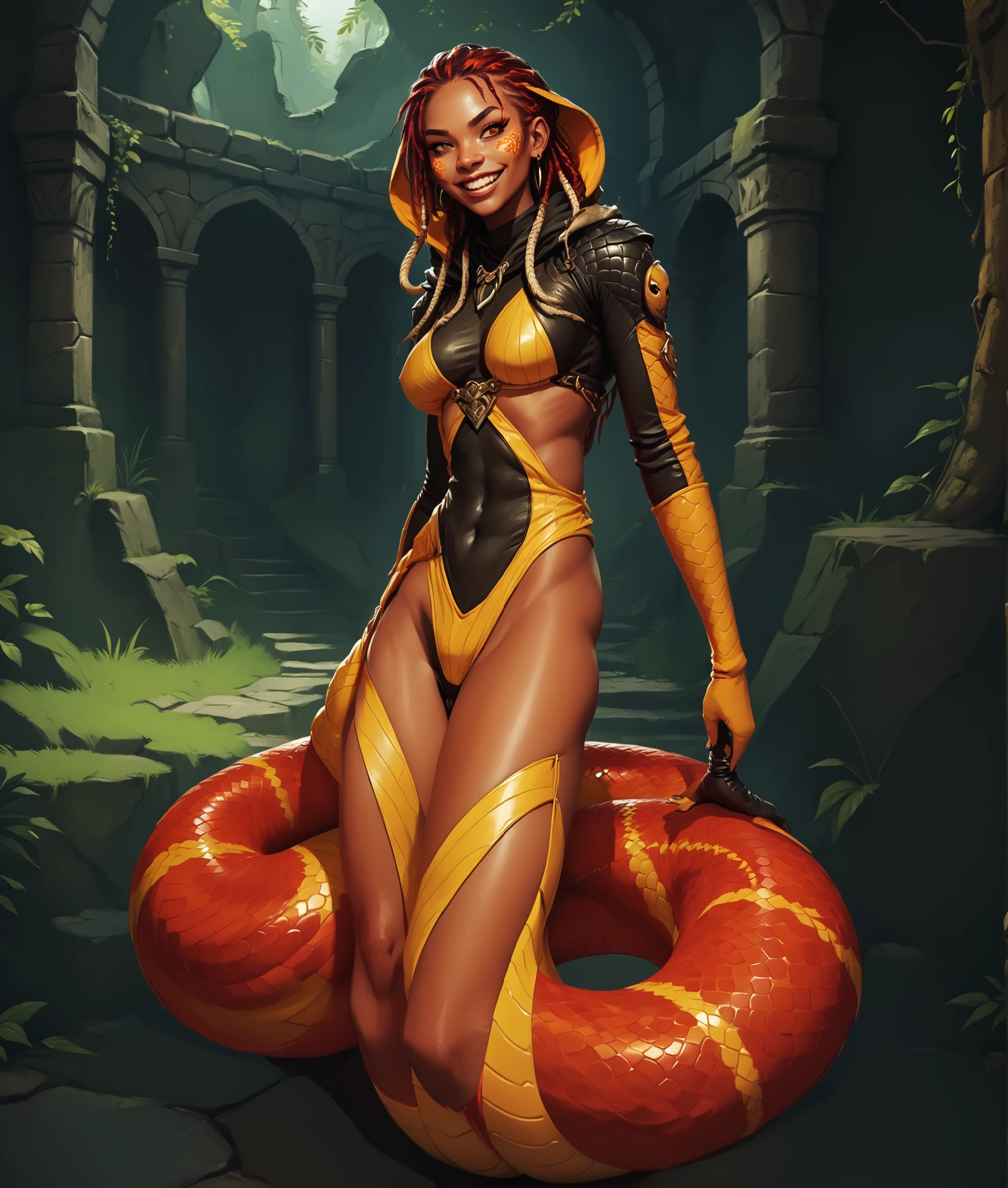 Humanoid snake with scales. Beautiful anthro snake-girl. Slender red and yellow-striped naga body. Yellow/black/orange/red snake-skin. Cute 18-year-old Mongol Naga/Lamia-girl with red slanted eyes and cobra-hood and unnaturally sharp teeth and black dreadlocks with white highlights. She has snake-eyes. Sharp and pointy teeth. She has a cute and beautiful shiny yellow latex face with leather-skin/reptile-skin. No clothing. She has a round and young face with a pointy chin. Her body is athletic with abs. Her skin is like shiny snakeskin-leather. A-cup. Background: medieval jungle ruins. Realistic lighting. DnD art-style. fake box art, semi-realistic, Looking at the viewer. 