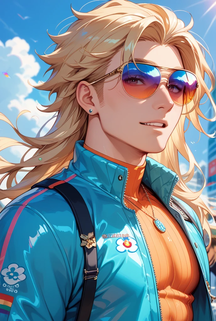 Thunder, Homem corpo adulto, ((cabelo blond)), roupas Satoru gojou, roupas escuras, roupas pretas, ((hands on sunglasses)), fundo neon, fundo Tokyo, cabelo longo, bola de chiclete na boca, thunder around, bar, thunder, thunder ao redor