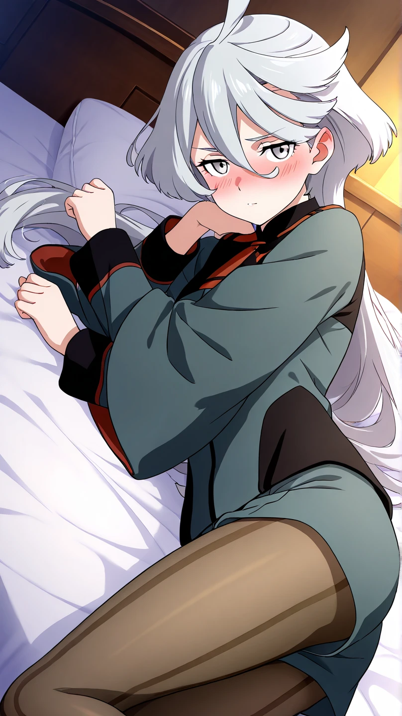 (best quality,ultra-detailed,illustration,masterpiece:1.2), 1 woman, mature, sitting on floor, detailed facial features, flowing hair, serene expression, elegant posture, comfortable clothing, gentle lighting, vibrant colors, peaceful atmosphere, in bedroom, sitting on bed, happy smile, ((blushing)), leaning back