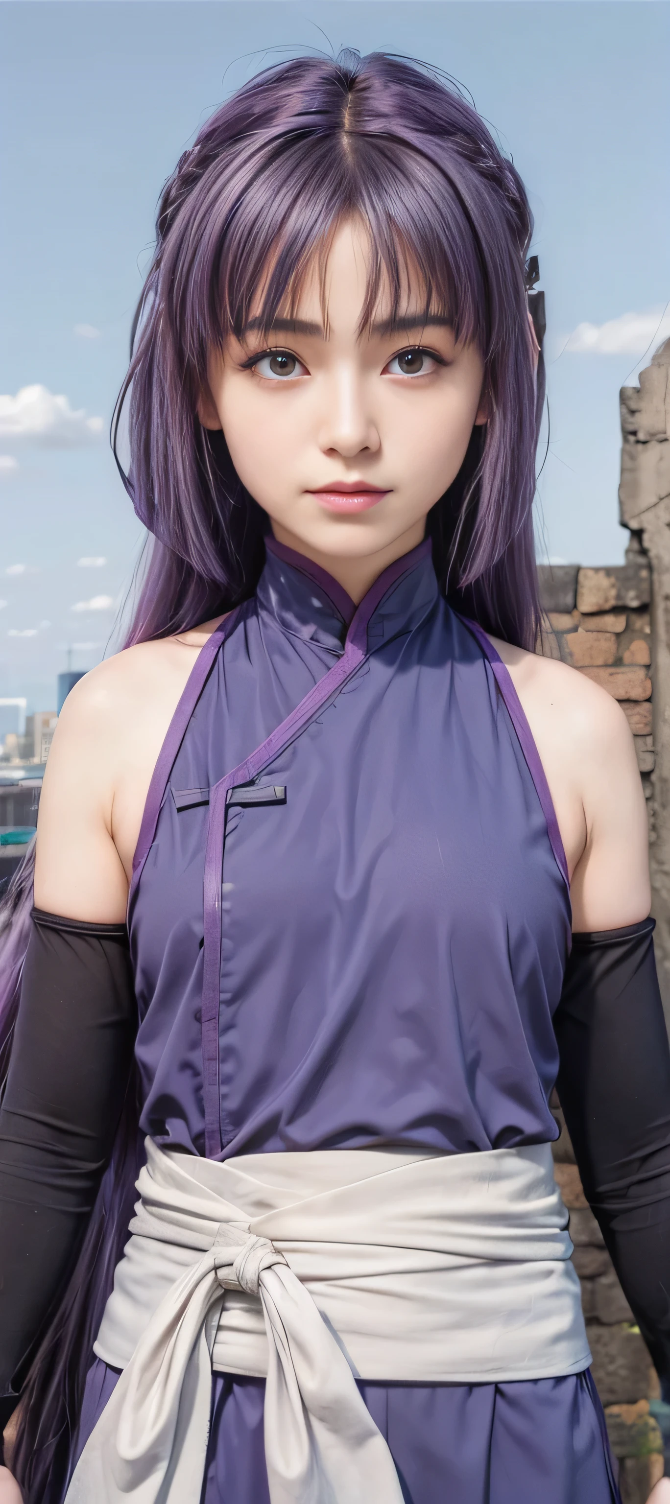 a woman with white ninja outfit, BREAK, 1girl, pastel purple hair, (red frame glasses), long purple scarf, (white sleeveless mini hakama dress), (red half chest armor), purple arm sleeve, thigh, fishnet torso, flat bangs, full breasts, very very long hair, 