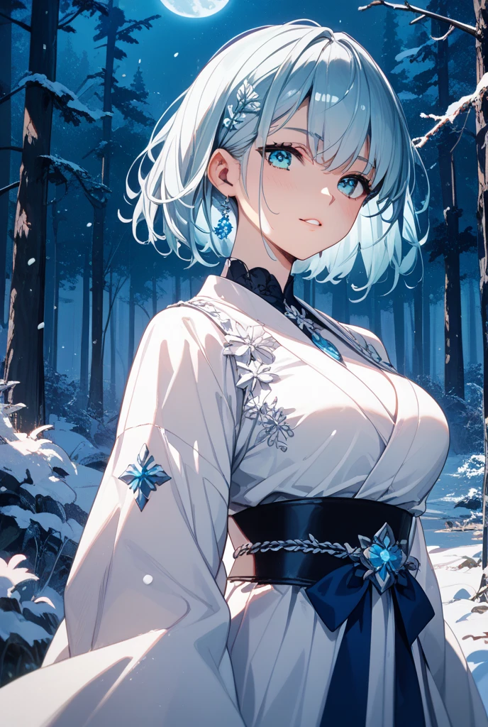 Snow Woman、Beautiful dark blue hair,Big Breasts、Long Hair、Cool look、White kimono、(high quality)、(blue eyes、Perfect Eyes)、(cheek)、Narrow eyes、Adult women、Snowstorm in the background、Long sleeves、from_front,The kimono is transparent,skin is white,unamused,longponytail,hair ornaments,mountain