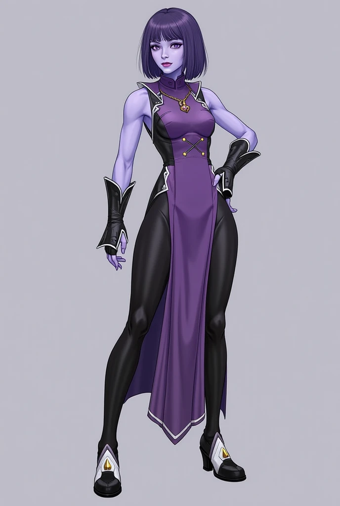 I want a character with a white background, png, full body image, a prisoner, purple person with wooden handcuffs on their necks, walking and shuffling, simple swimsuits and black hair, red eyes, and animalistic posture.