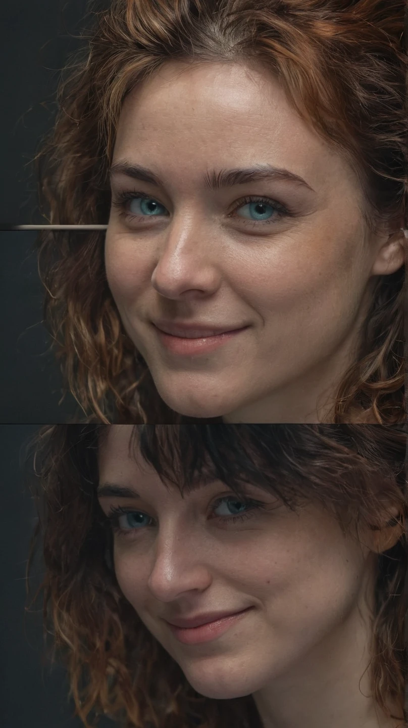 side-by-side photo, french woman (creepy-grin:0.9) night standing sexy flash photography, eifal tower paris onoff Kubrick-stare blue-eyes toothy-grin uhd high res high saturation