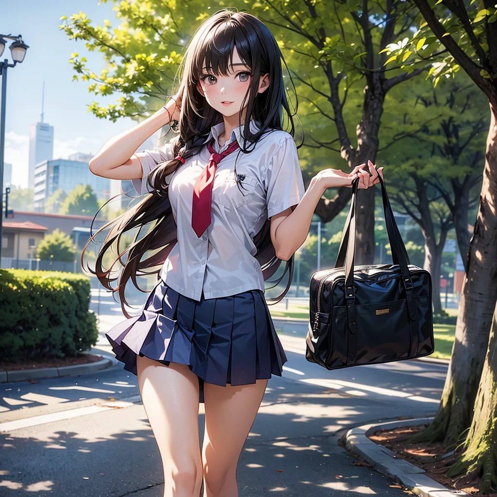 (((masterpiece, highest quality, High resolution, 超High resolution, Perfect Pixel, Depth of written boundary, 4K, RTTX 10.0))), Beautiful Anime Woman, Beautiful art style, Anime characters, ((Smooth texture, Realistic texture, Anime CG Style)), Exact finger count、Exact number of legs、(Exact number of arms:1.0, Exact number of hands:1.0), (Perfect hands, Perfect Anatomy), Cinematic, Realistic, Extremely detailed CG, Daytime lighting, Perfect lighting, Best Shadow, The best natural light, whole body, Perfect body, (Slender body:1.2), ((Long Hair, bangs, Dark brown hair, Stylish hairstyle, Bobcut)), (Detailed face, Beautiful Face, Beautiful eyelashes), (An adult woman is walking while flipping up her skirt with her hands., Back view:1.4), (Fashionable white shirt, Sailor collar, Navy blue knee socks, loafers, Navy pleated mini skirt:1.3)、Angle from the rear, ((Stylish shiny satin panties, Side-tie light blue panties:1.3)), (Beautiful and big breasts:1.2), (Beautiful and thin thighs:1.3), Feeling embarrassed, (blush:1.2), (Very embarrassed look:1.4), A very patient expression, (City hustle and bustle, Buildings on the background, Sidewalk, Intersection in the background, Akihabara-like streetscape, Many people dressed in clothes in the background々:1.4)