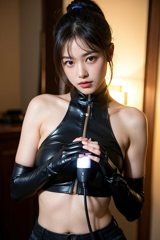 (Original Photography:1.2), (best quality、high resolution:1.3), (The best show:1.2), (Best Illustration:1.2), (photography style:1.2), (Artistic Lighting:1.2) ,Ultra HD, (Reality: 1.4), RAW photos, Full body portrait,(1 Woman) ,Perfect body,Wearing a futuristic tight pilot suit,Cyberpunk Technology, Her body is covered in metal parts, Beautiful long legs,Leather Boots,Horror as the background,In the cyberpunk city of the future, (Wearing tech electronic headphones1.2)