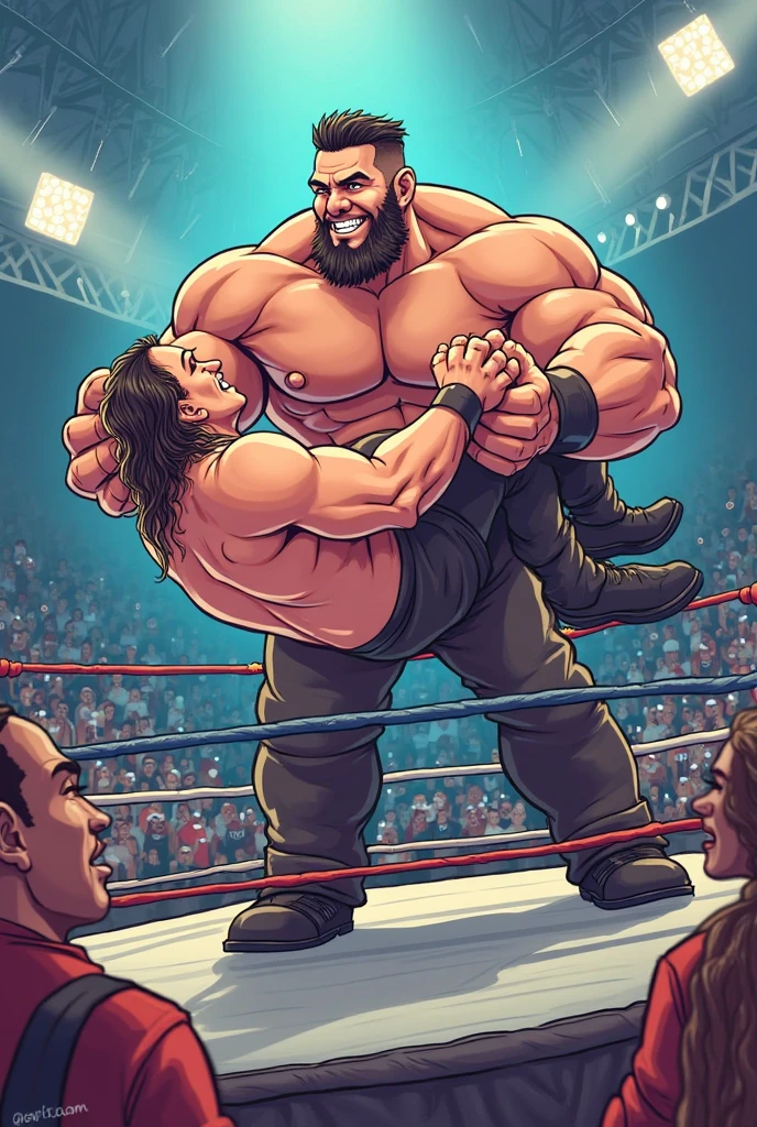 manga, monochrome, white background, heel wrestler wearing gray tights, wrestler's crotch is squeezed by other hand, hunk, middle-aged man, pale face, eyes wide open with agony face, puckered lips and mouth open, raise eyebrows, shirtless, combed-back hair, beard, forward-jutting lower jaw, turn face upward, 3 panel comic,