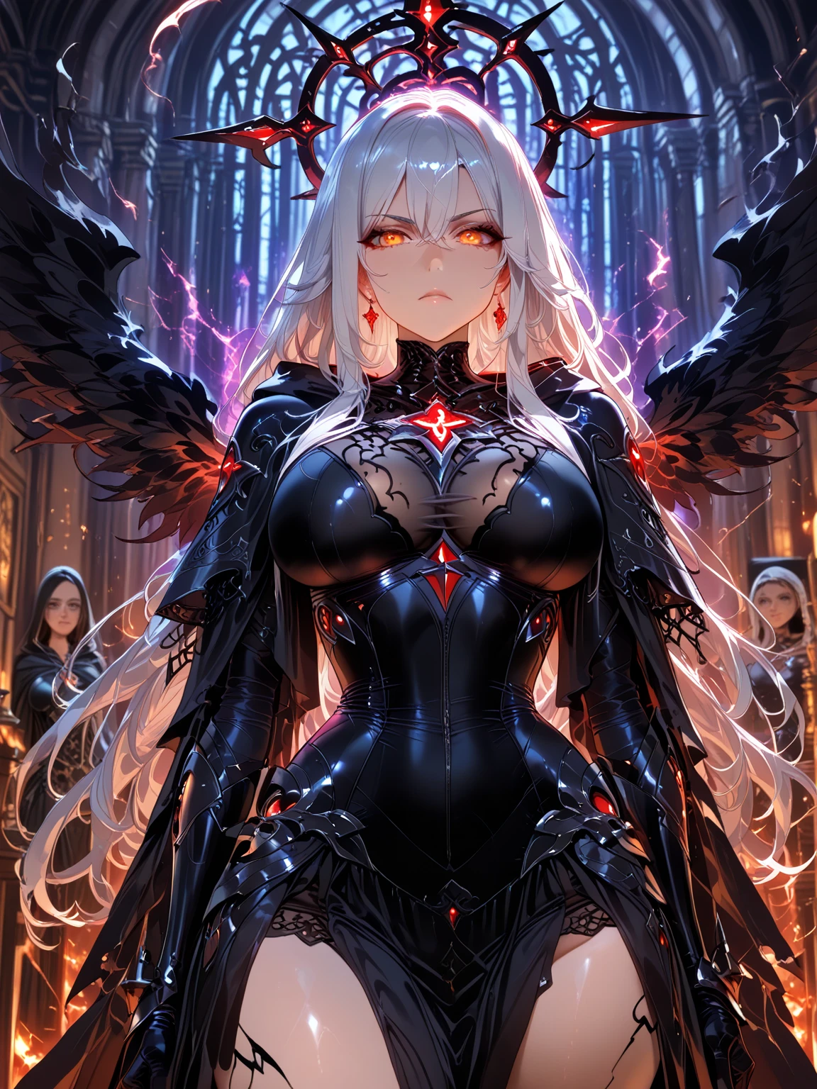 Grey skin, blood halo, angel, rare, cursed maiden, Angelic armor, beautiful woman, long silver hair, red glowing eyes, grey skin, black wings, palace ruins,