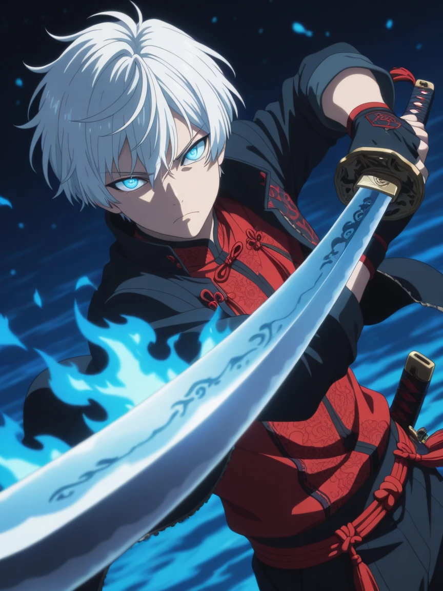 Cool Boy, gojo satoru, Jujutsu kaisen, (masterpiece:1.2、highest quality), (Exquisite eyes: 1.2), (Detailed Background、Dark fantasy), (handsome detailed face), High Contrast, (Best lighting、Very delicate and cool), ((Cinema Lighting) )), colorful, Hyper Detail, Dramatic Light, Intricate details, blue moon behind (30 years old, 1 boy, solo, white short hair, white hair, Sharp Face, blue eyes, white hair between the blue eyes, messy hair, Dynamic Angle), (Blood splatter:1.4), Black light swirling around the character, Depth of written boundary, blue light particles, Nightcore, black magician, Spectacular anime style, zerochan art, Anime Wallpaper, Burning, High quality anime art style, Key Anime Art