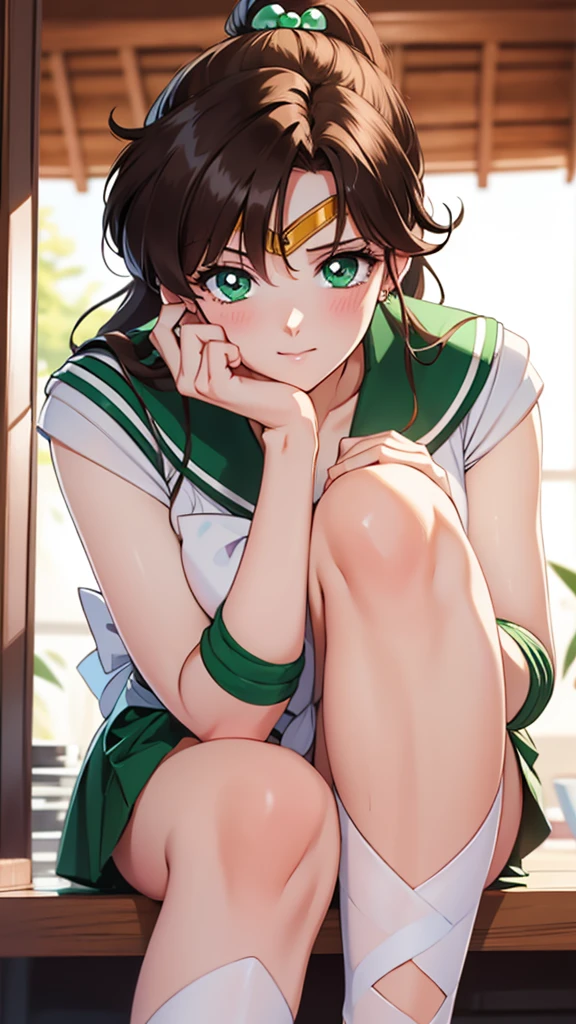 A muscular mature woman with short black hair dressed as Sailor Jupiter, wearing green boots and white gloves in her room with a shy expression on her face