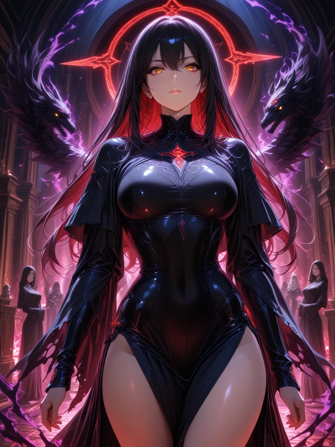 A beautiful robot that combines a succubus and a fallen angel, Red glowing eyes、In beautiful form, Wearing a shiny black bodysuit with fine lines, Best body shape, Background: A large room with analytical equipment, Lab, Shading Effects, Gradient Magic Effect, Fog filter effect, Glitter effect, (Super detailed, The absolute solution, Highest quality:1.3), 2.5D, delicate and dynamic, Artistic photography, Ultra-realistic, Graphics CG Digital Art