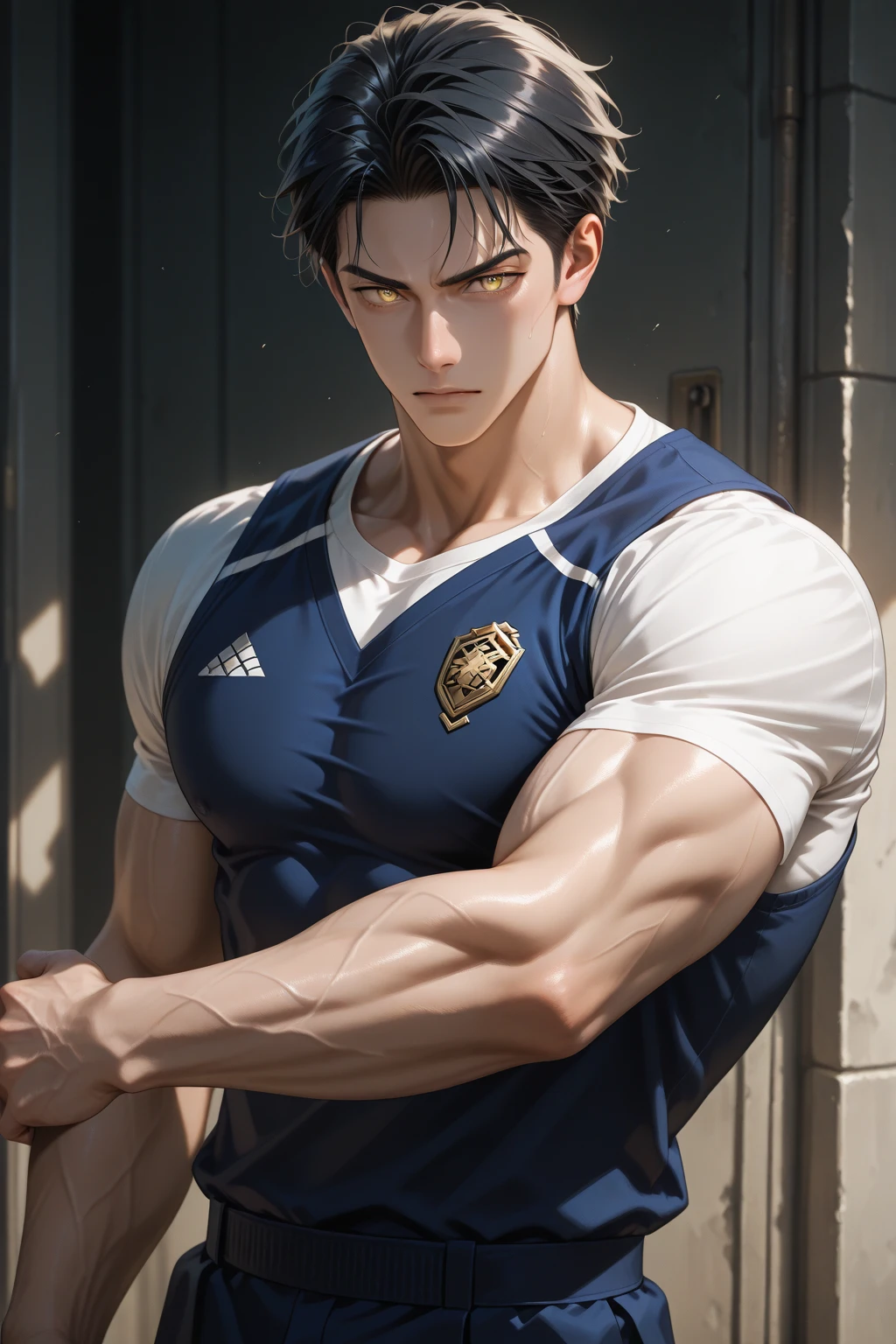 man,(Skinheads have hairstyles:1.3),black eye,(Wear a fitted round neck t-shirt in navy with a police badge.:1.3),(fit neck),Navy blue jeans,(black_gloves), Korean guy,chest muscles,large arm muscles,blood vessel,Big muscles,Broad shoulders,(Carrying a black backpack:1.3), smile, middle of the road,(In the desert:1.2),(full_shot:1.6),(In the cave:1.2),