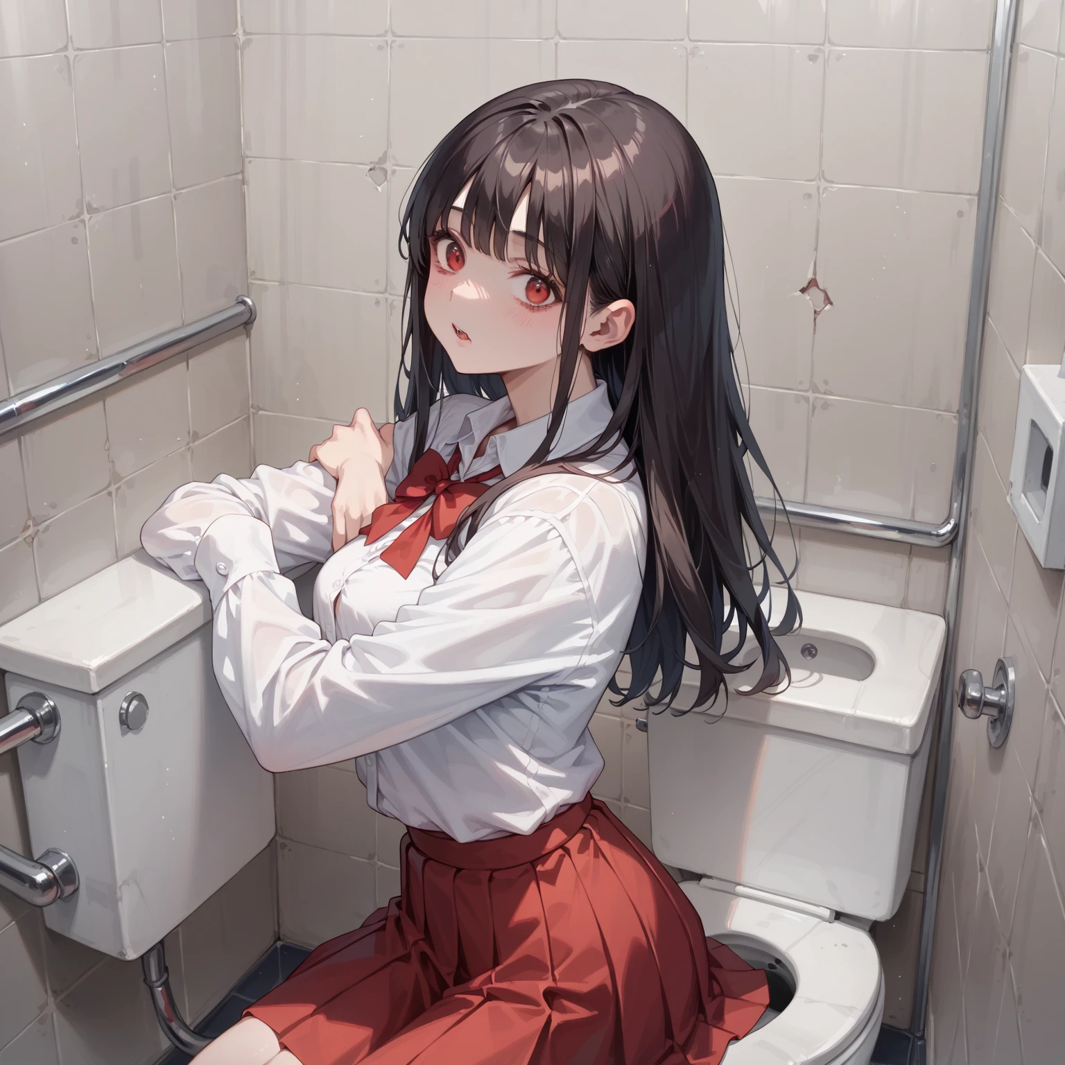 darkness、toilet、Ms. Hanako、Black Hair、Red Skirt、Young Girl、Dim lighting、White shirt