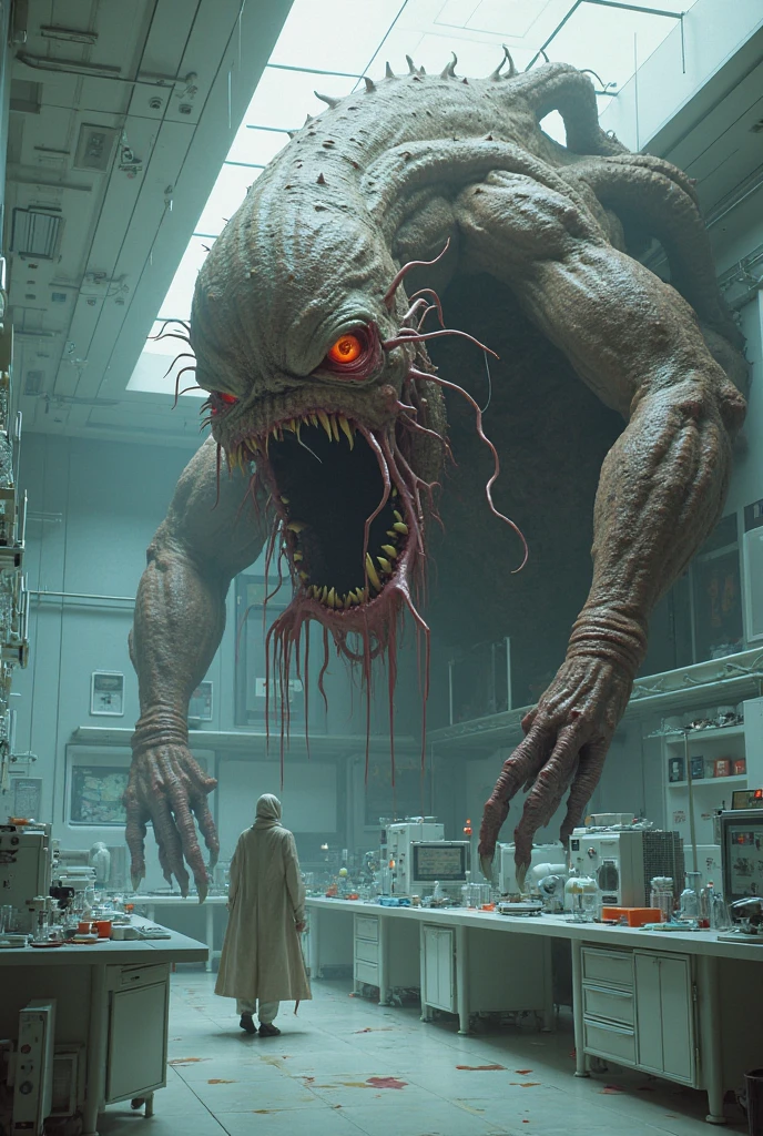 Keeping the details of this monster created above, make this monster trapped inside a cage and the scientist looking scared