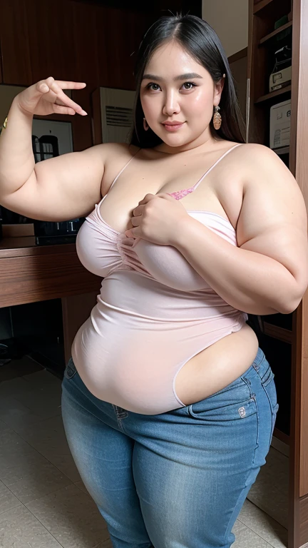 ((Best Quality, 8K, Masterpiece: 1.3)), Chubby woman smile  ((best quality)), ((masterpiece)), (detailed), perfect face, USA woman fat in a dark-blue shirt and blue denim skirt walking down a street, thicc, she has a jiggly fat round belly, bbwchan, wearing tight sexy clothes, skinny waist and thick hips, widest hips, her belly is fat and round, soft curvy shape, hyperrealistic full figure, wearing a cute top, wide hips, cropped shoulders，Bare belly,(big assa:0.7),show legs,, thicc, beautiful thick female, beautiful curvy female,, Tall and tall，clear curvy details, curvy hourglass figure, alluring plus sized model, bbwchan, Voluptious body, Curvy model, Curvy body, Be red in the face, 1girll fat , a matural female, A MILF, the golden ratio,(Kpop idol),(Oil skin:1.2),(Oil skin:1.1) background High quality, HD, realistic, HDR. mountain refuge in grey stone, blends into the panoramic view of the mountain, spring landscape (green and flowery), edelweiss, lake, stream that winds, sunset, cool breeze. welcome mountaineers and hikers.