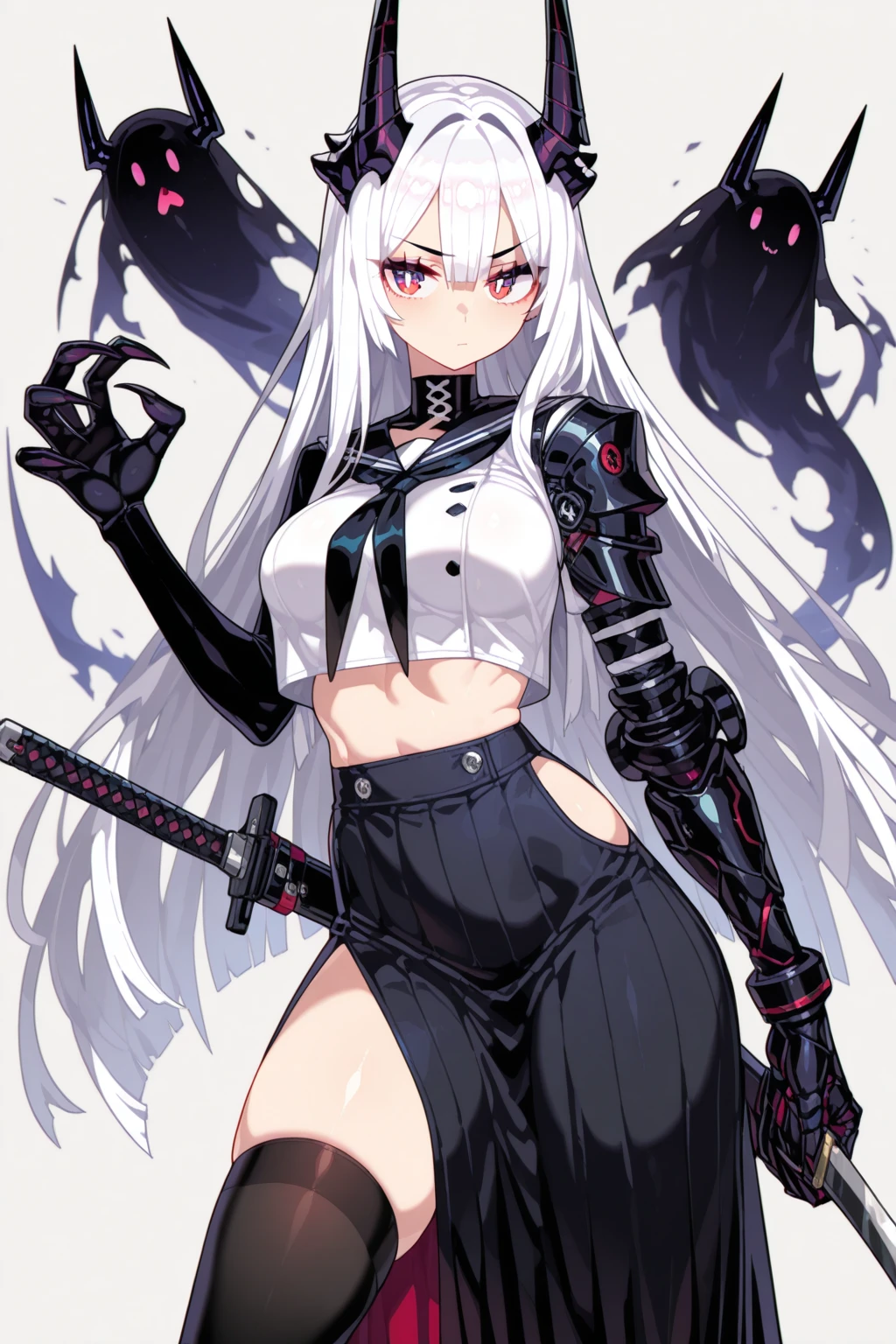 Masterpiece, high quality, rich in details, anime girl with long hair and tattoos, 1 7 years old - anime gothic girl, detailed anime character art, gothic shoujo anime girl, full body art, he wears silver-black mirrored leather trousers, tattoo-like style, wears an open-belly short outfit, decorated with a snake as a symbol, this figure has long silver-white hair, looks very cool, has a little devilish atmosphere, gothic girl aesthetics, badass look, evil smile, neo-gothic, with rings, bracelets, earrings and necklaces