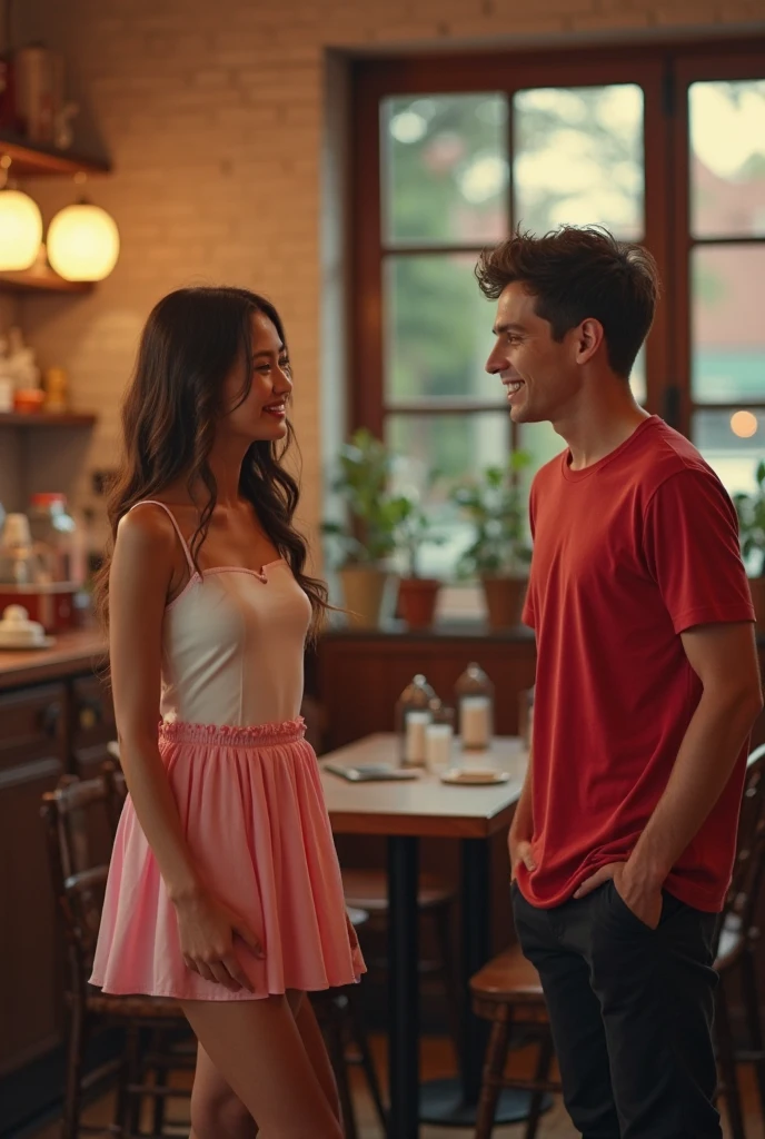 a woman who see a boy like she found his soul mate and 
woman wears red skirt top in restaurant 