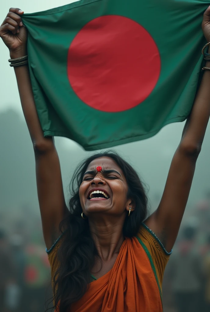 A student hugs the flag of Bangladesh and cries.
