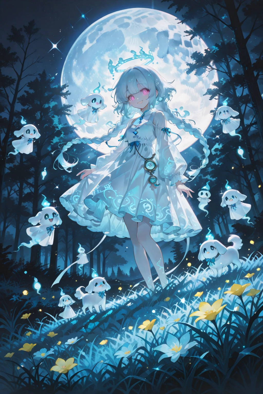 Dynamic lighting. Concept:
A spirit girl happily plays with a ghost dog, surrounded by smiling little ghosts in an enchanted field. All in light blue tones, ethereal and filled with light.

Characters:
A ghost girl, small breasts, erect nipples, floating slightly, with large bright pink eyes, long, wavy white hair in braids, a silver to blue gradient hair, and a short, luminous white dress that turns into mist at the edges.

A chibi ghost dog with floppy ears and a light blue glittery body.

Floating sheet-style ghosts with happy faces surround the girl.

Action/Interaction:
The girl is playing with the ghost dog, petting it, while the little ghosts watch and float around her.

Background:
A nighttime field covered in light mist, with blue and yellow flowers glowing in the dark, trees in the background, and a large full moon in the sky.

Visual Details:
Floating particles, sparkles, magical halos, the edges of the dress and grass melting into light. All in a soft and enchanting aesthetic.

Lighting and Atmosphere:
Cool tones, primarily light blue, with bluish-white moonlight. All bathed in a ghostly, tender glow.

Style:
Highly detailed anime, ethereal, and magical style, with a focus on tenderness, lighting, and emotional expression.