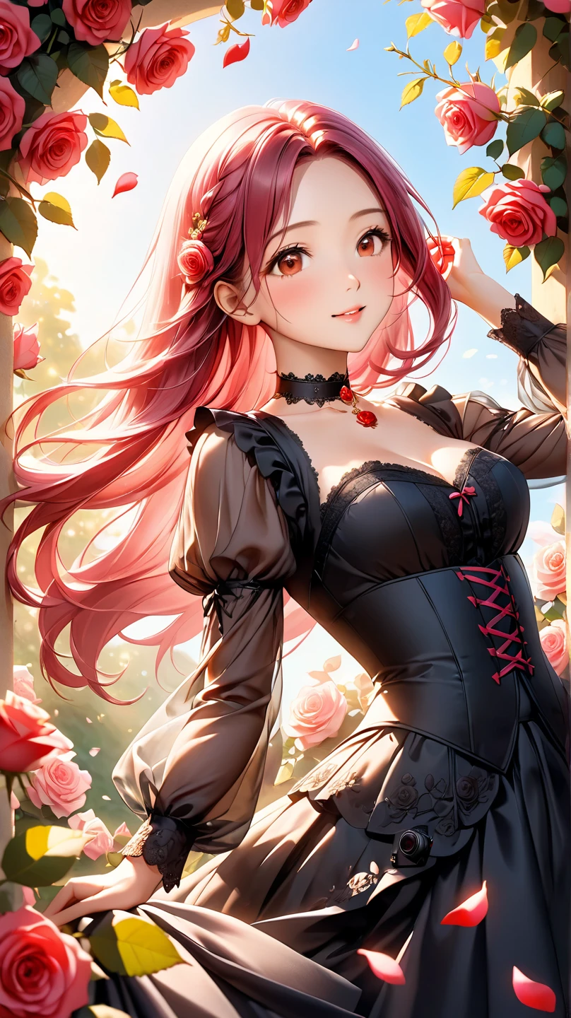 (( barbie red dark green hair color)), pink eyes,sexy woman, cat ears, hearts, floating hearts, face only, long hair, smiling, hair ornament, up close face, closed mouth smile, up closeface, hair bows, sexy body