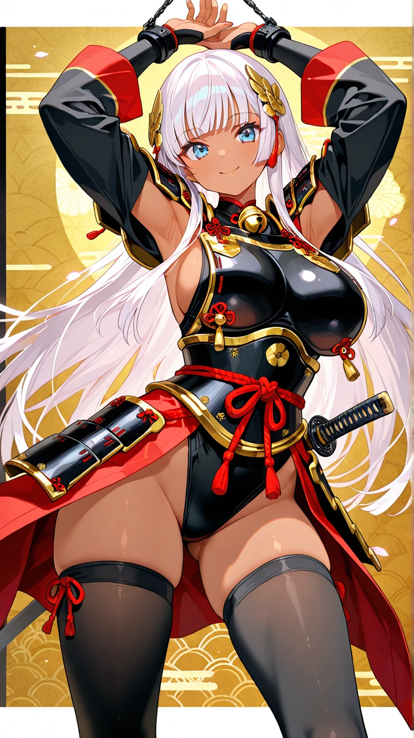 1girl, dark-skin, dark-skinned female, white hair, long hair, black leotard, white trim, fur trim, large breasts, thick thighs, belt, thighhighs, pantyhose, ninja, knife, kunoichi