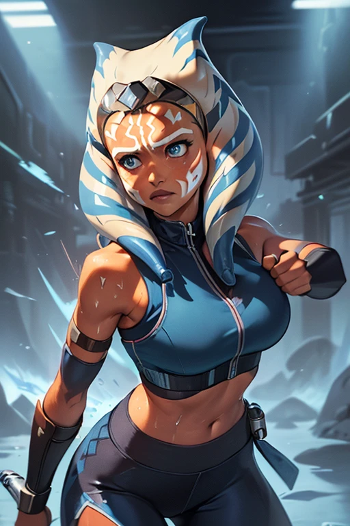 Ashoka standing confidently, nighttime, street lights on, street setting, mandolorian lore, jedi clothes, cleavage, big breasts